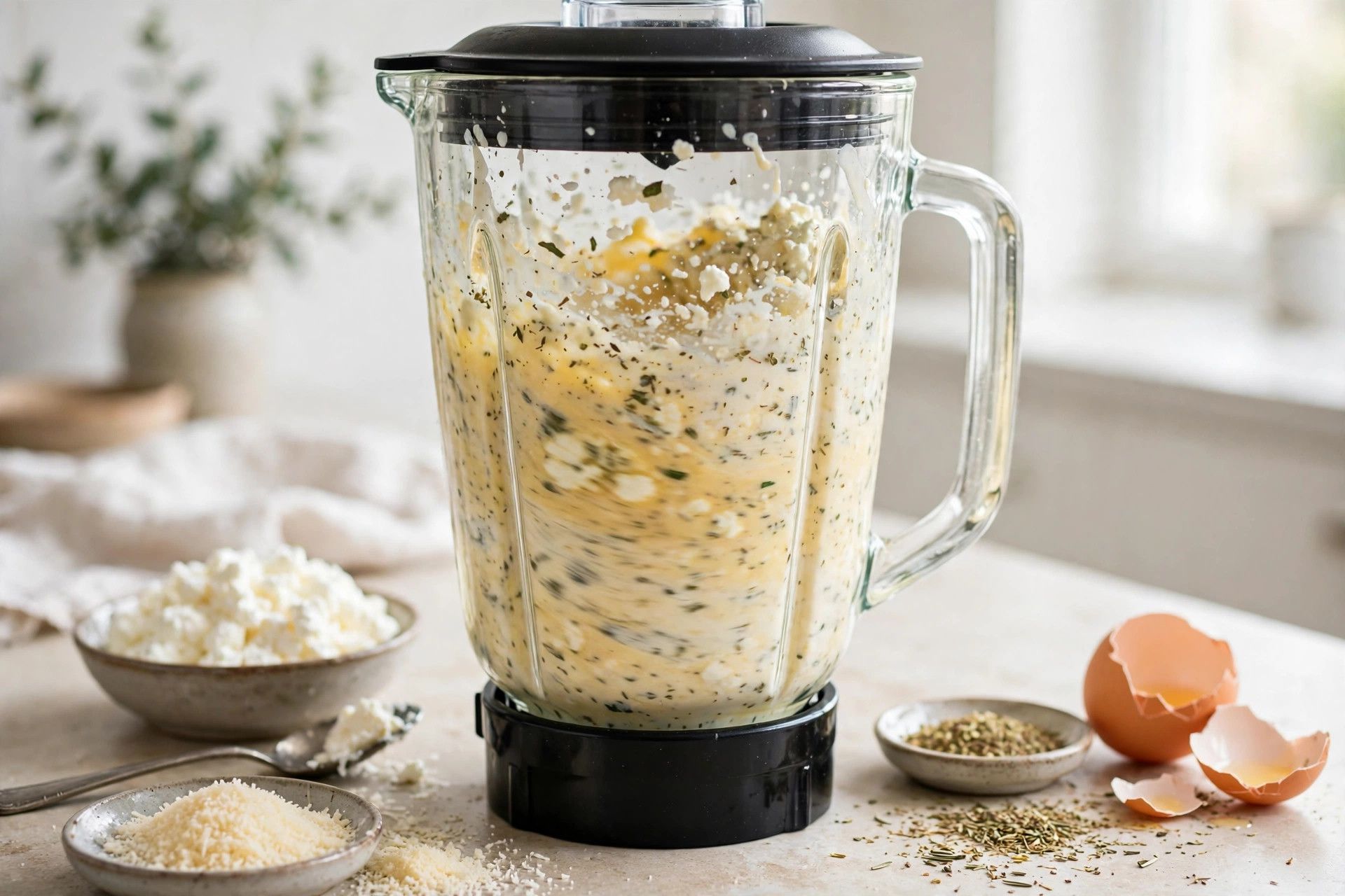 Mixing the cottage cheese lasagna filling with egg, Parmesan and Italian seasoning in a bowl