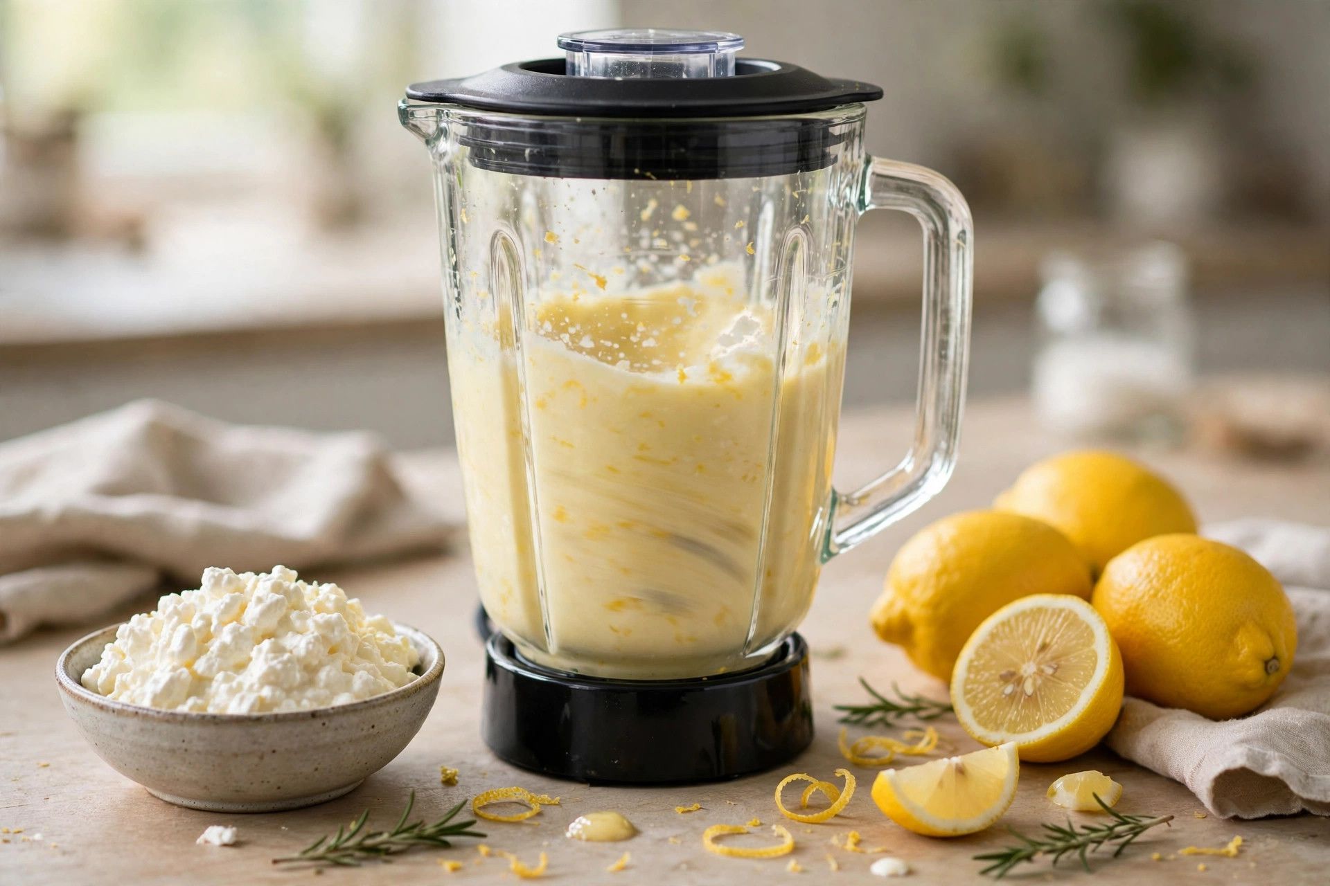 Blending the pale yellow lemon ice cream base in a blender, with cottage cheese and lemons beside it