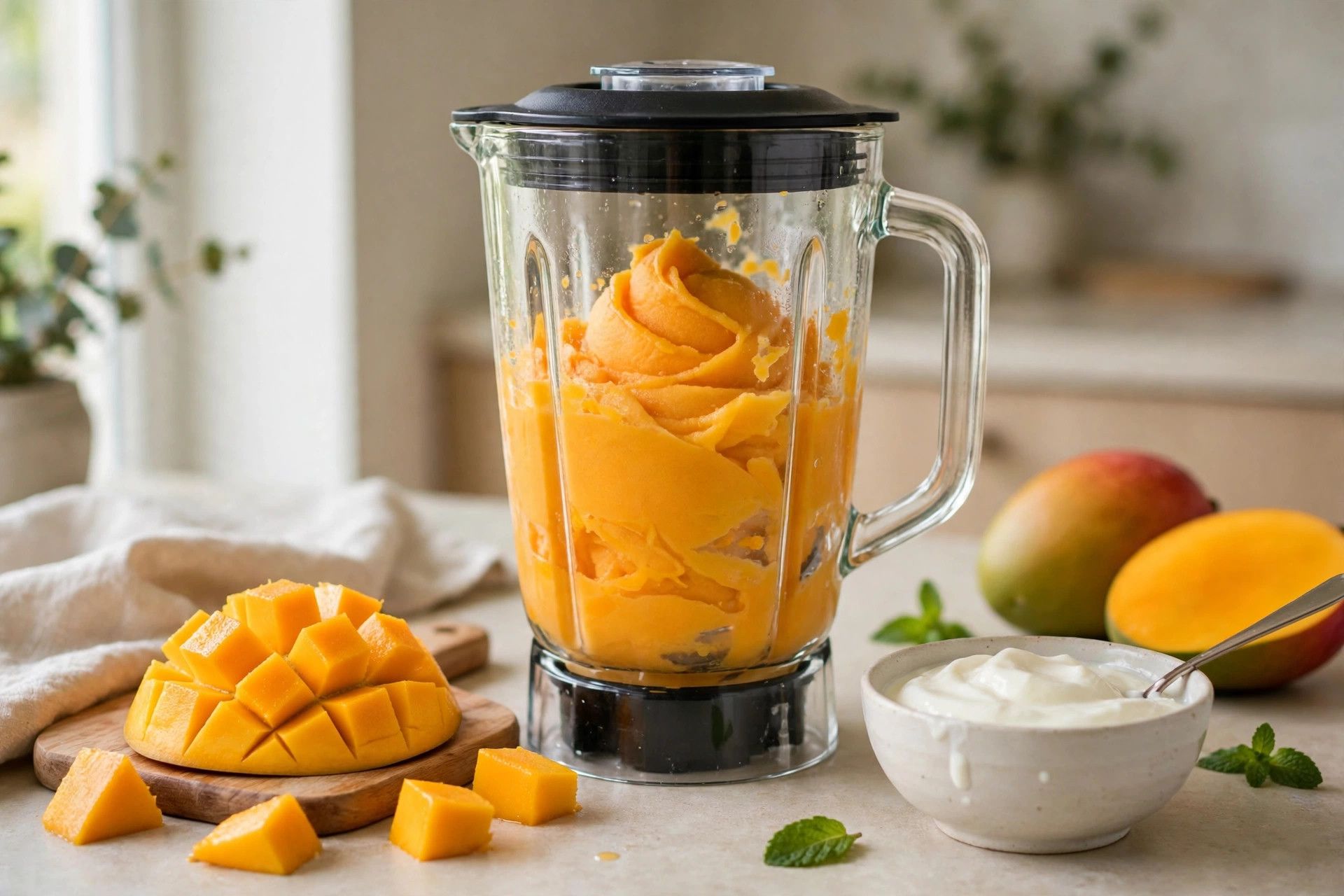 Blending the bright orange mango tango sorbet base in a blender, with ripe mango chunks and yogurt beside it