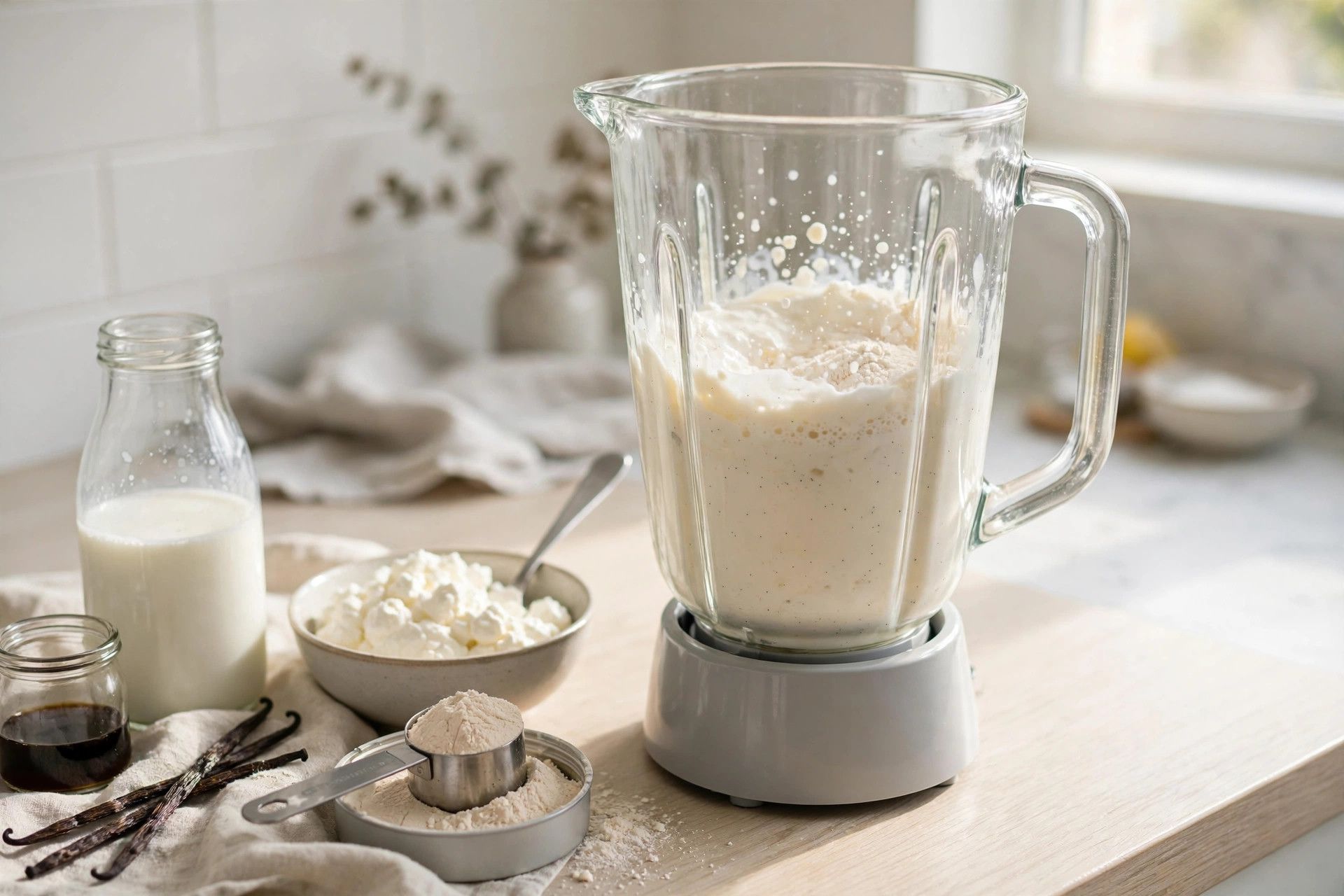 Blending the smooth protein milkshake base in a blender, with milk, protein powder and cottage cheese beside it