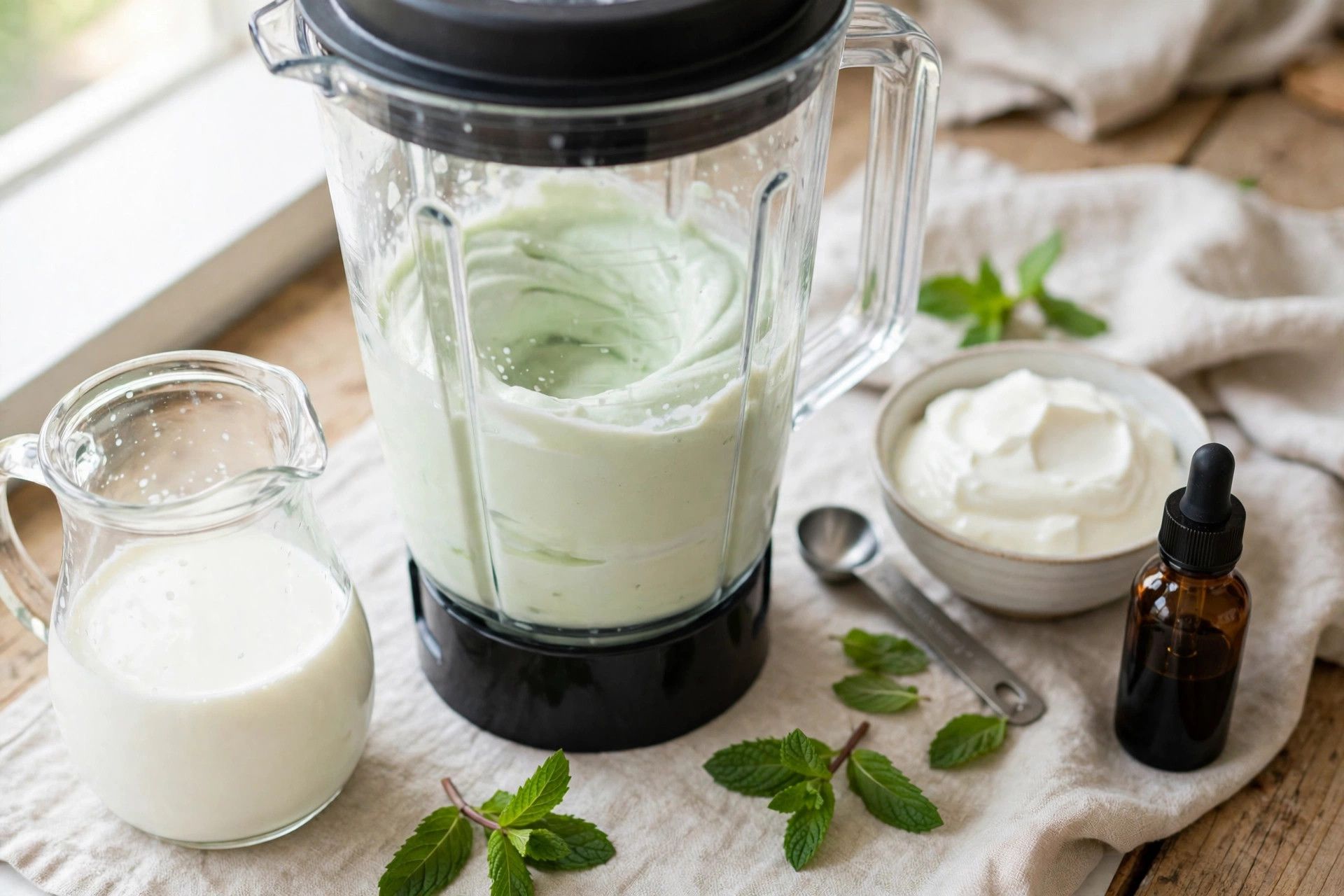 Blending the pale mint chocolate chip ice cream base in a blender, with milk, yogurt and peppermint extract beside it