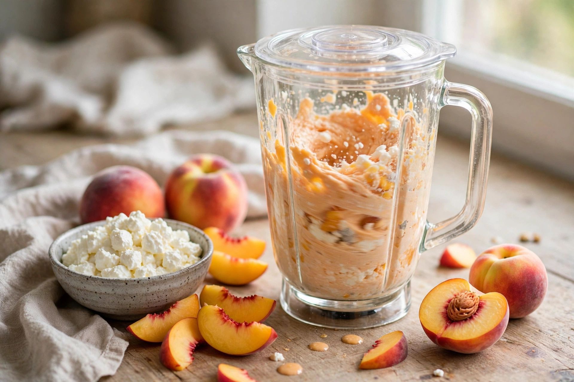 Blending the peach cobbler ice cream base in a blender, with cottage cheese and peach slices beside it