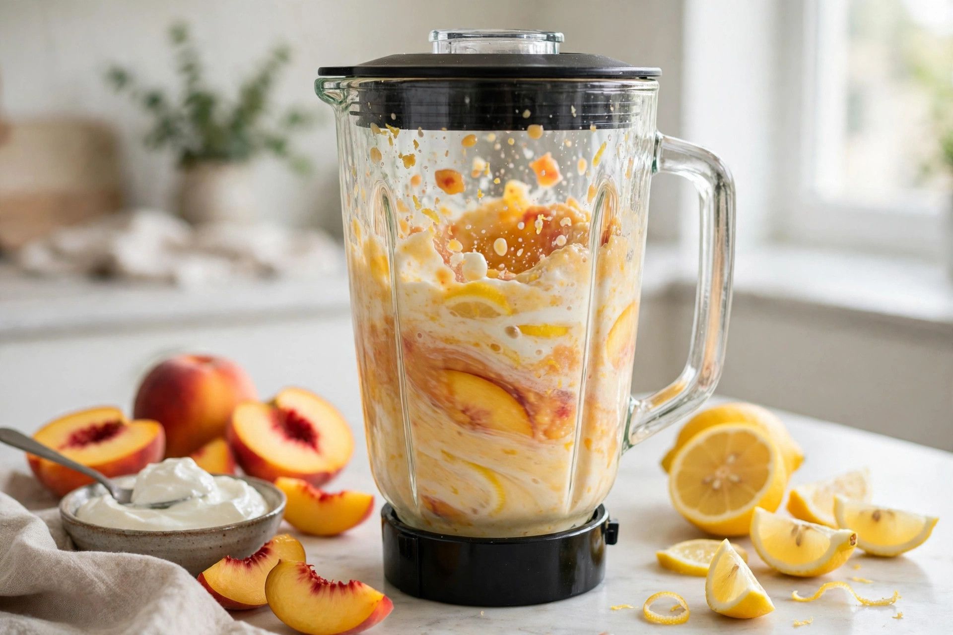 Blending the smooth peach sorbet base in a blender, with ripe peach slices and Greek yogurt beside it