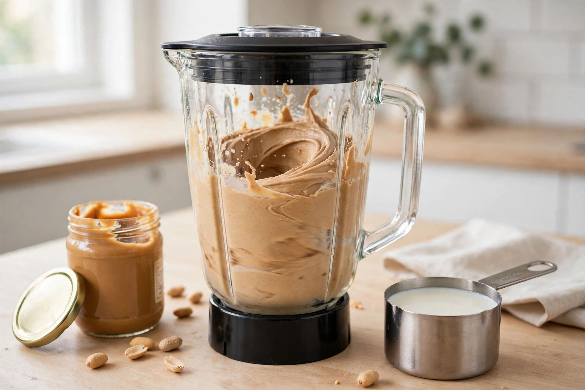 Blending the smooth peanut butter ice cream base in a blender, with a jar of peanut butter and milk beside it