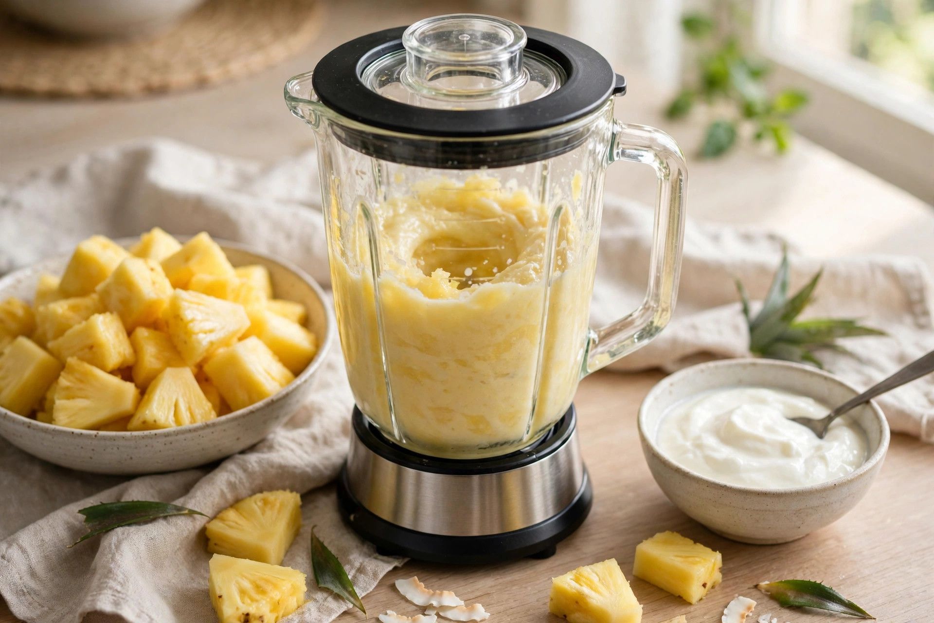 Blending the pineapple whip sorbet base in a blender, with pineapple chunks and yogurt beside it