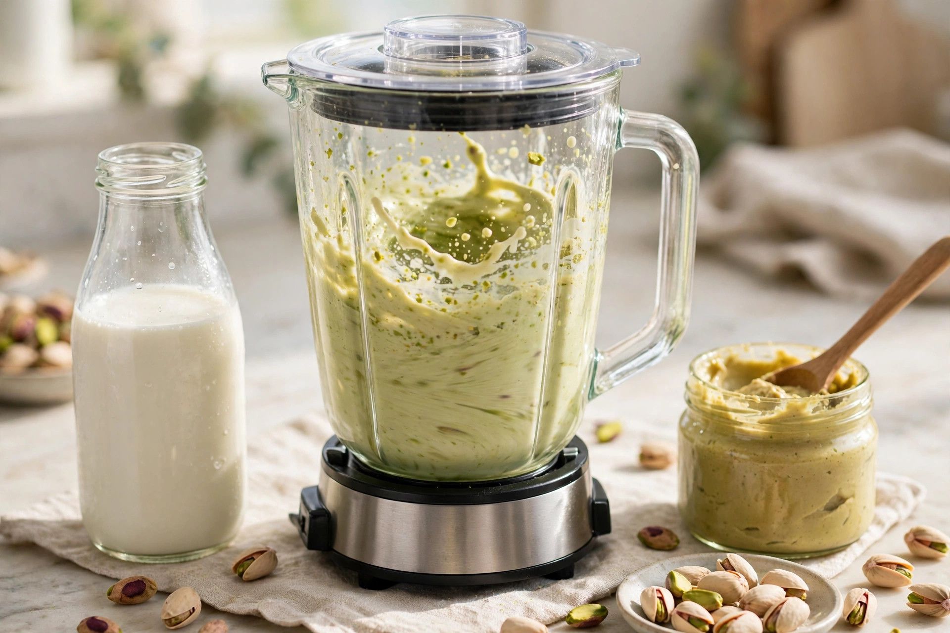 Blending the pale green pistachio ice cream base in a blender, with milk and pistachio butter beside it