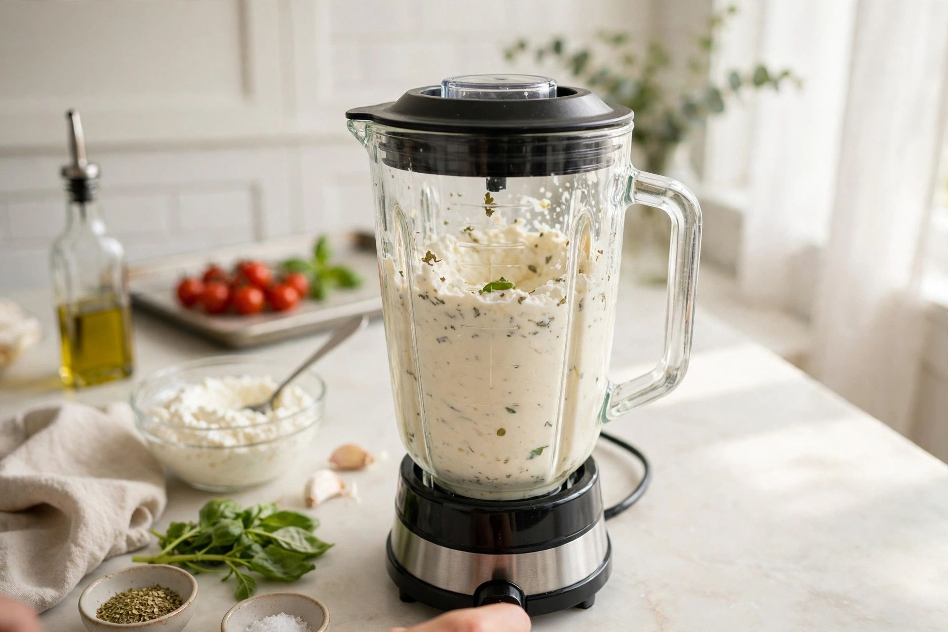 Blending cottage cheese until smooth in a blender, for a pizza bowl base