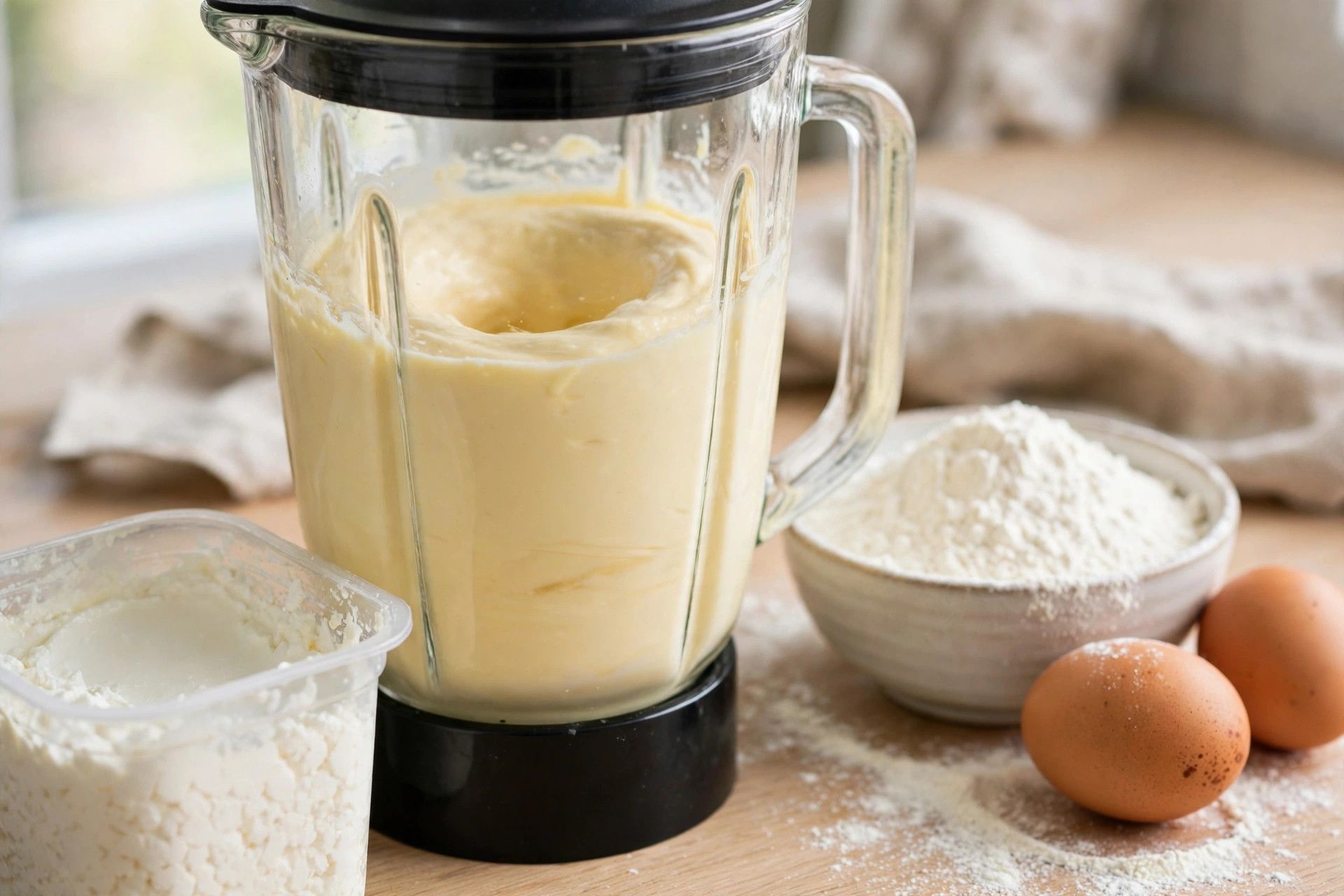Blending cottage cheese and eggs in a blender until completely smooth for the pizza crust dough