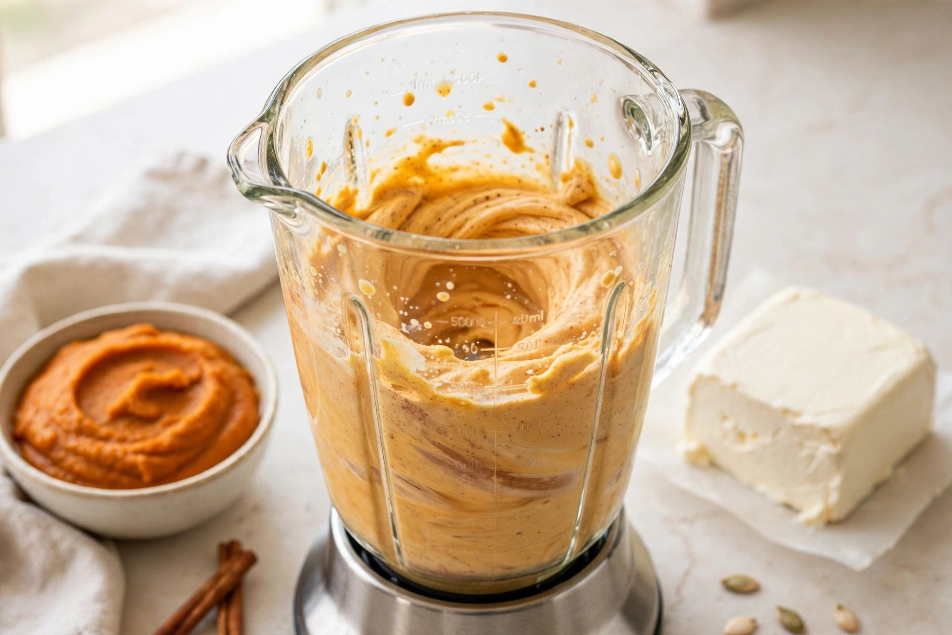 Blending the silky orange pumpkin cheesecake ice cream base in a blender, with pumpkin puree and cream cheese beside it
