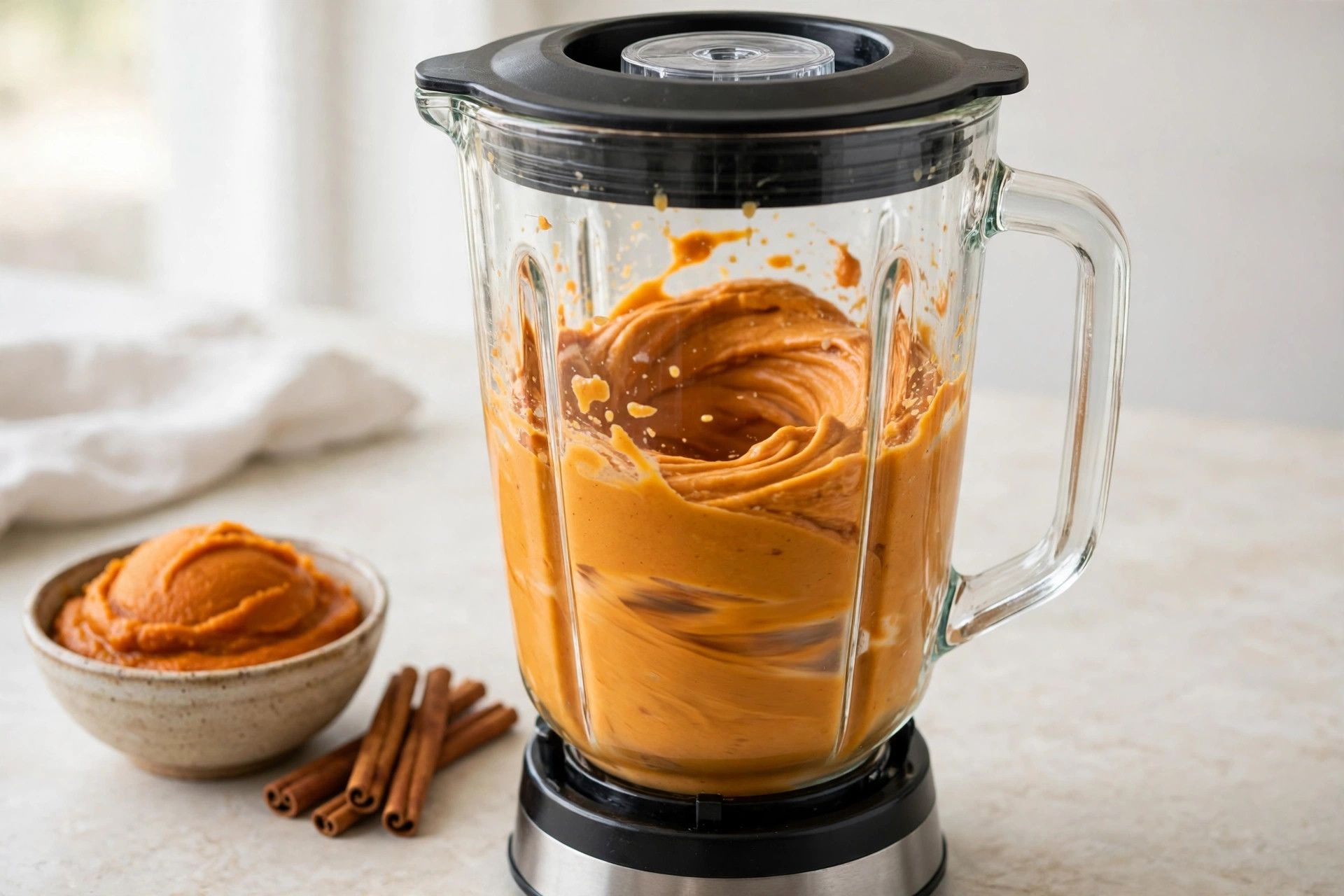 Blending the smooth deep orange pumpkin pie ice cream base in a blender, with pumpkin puree and spices beside it