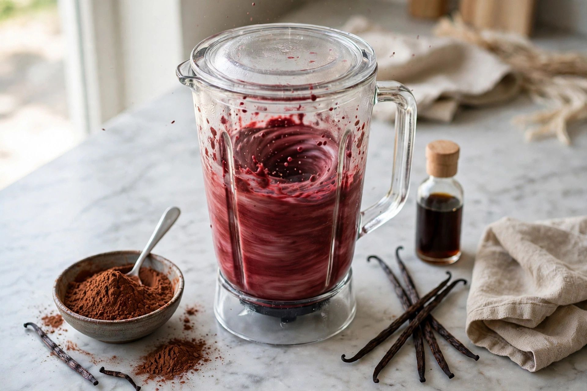 Blending the smooth deep red velvet protein ice cream base in a blender, with cocoa powder and vanilla beside it