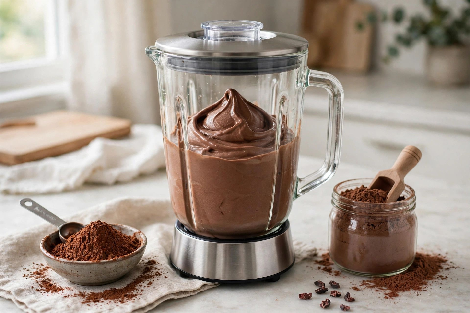 Blending a smooth rich chocolate protein ice cream base in a blender, with cocoa powder beside it
