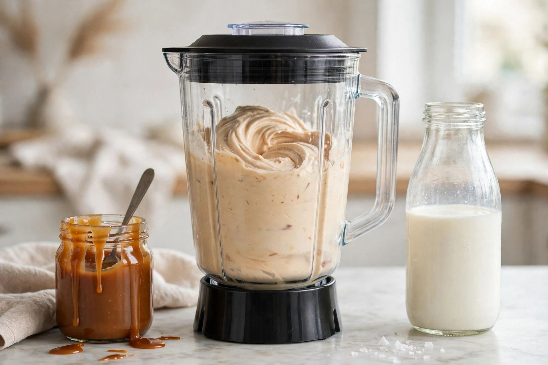 Blending the smooth salted caramel ice cream base in a blender, with caramel sauce and milk beside it