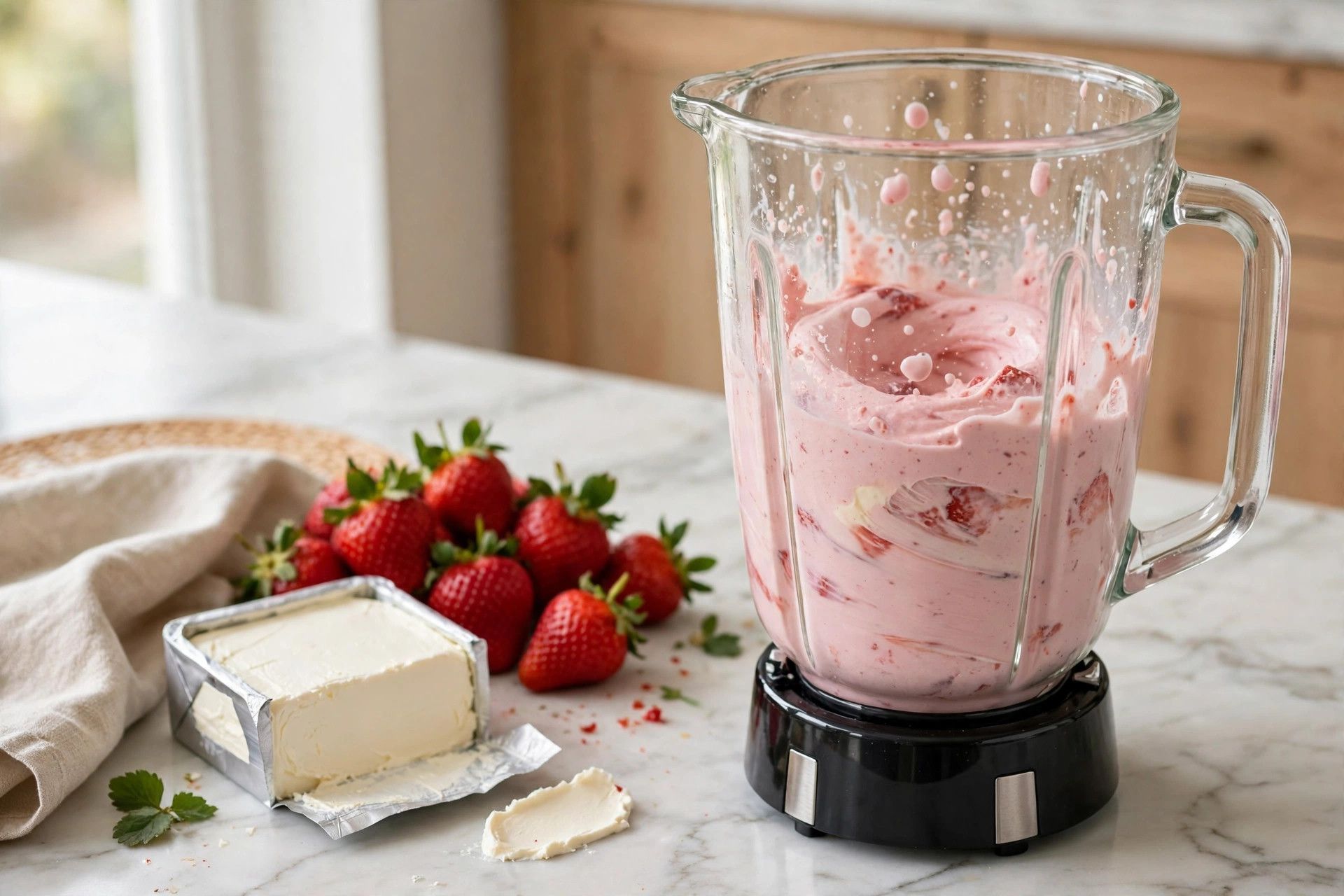 Blending the pink strawberry cheesecake ice cream base in a blender, with fresh strawberries and cream cheese beside it