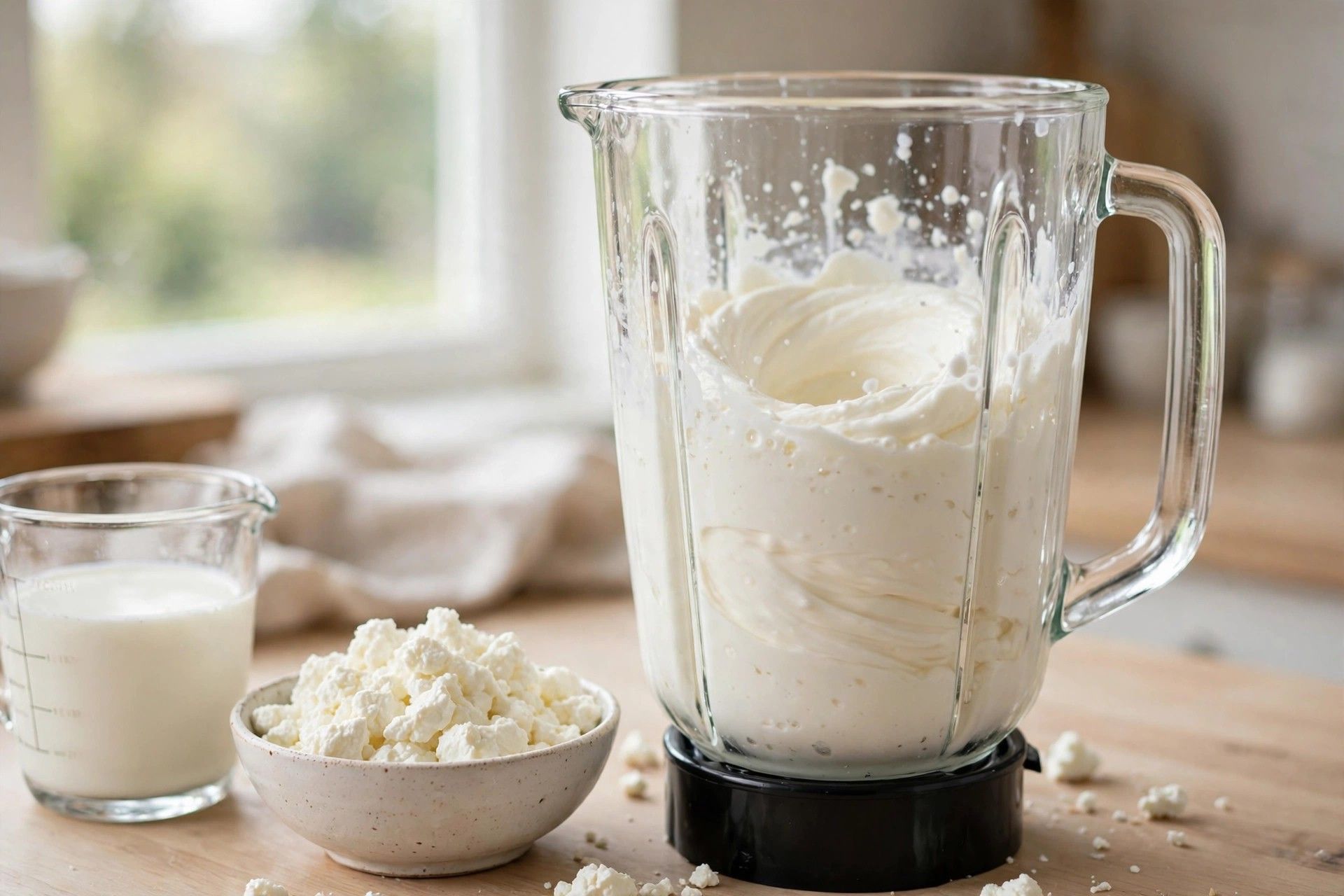 Blending the cottage cheese ice cream base until completely smooth in a blender, with cottage cheese and milk beside it