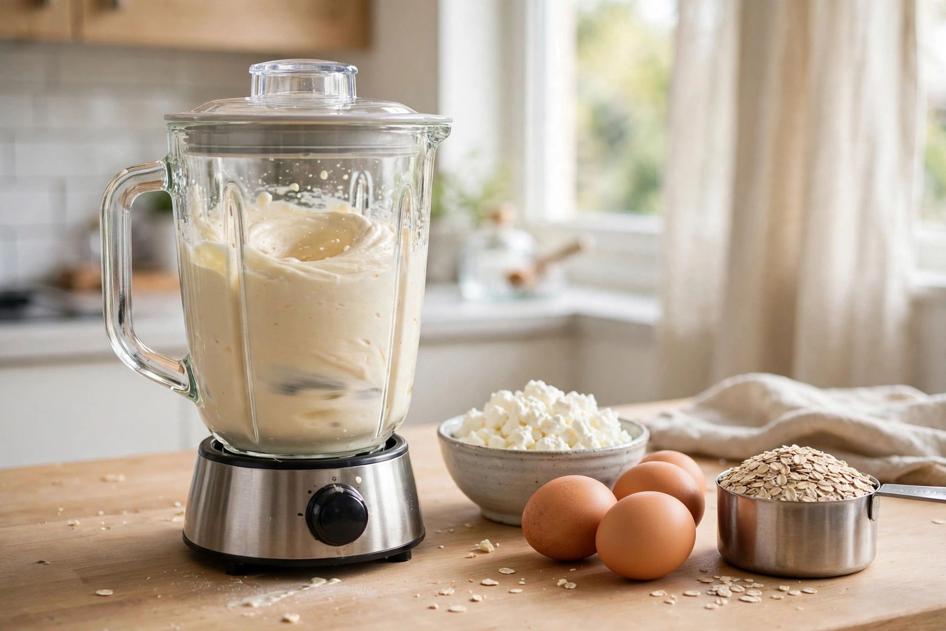 Blending the cottage cheese protein pancake batter until smooth in a blender, with eggs and rolled oats beside it