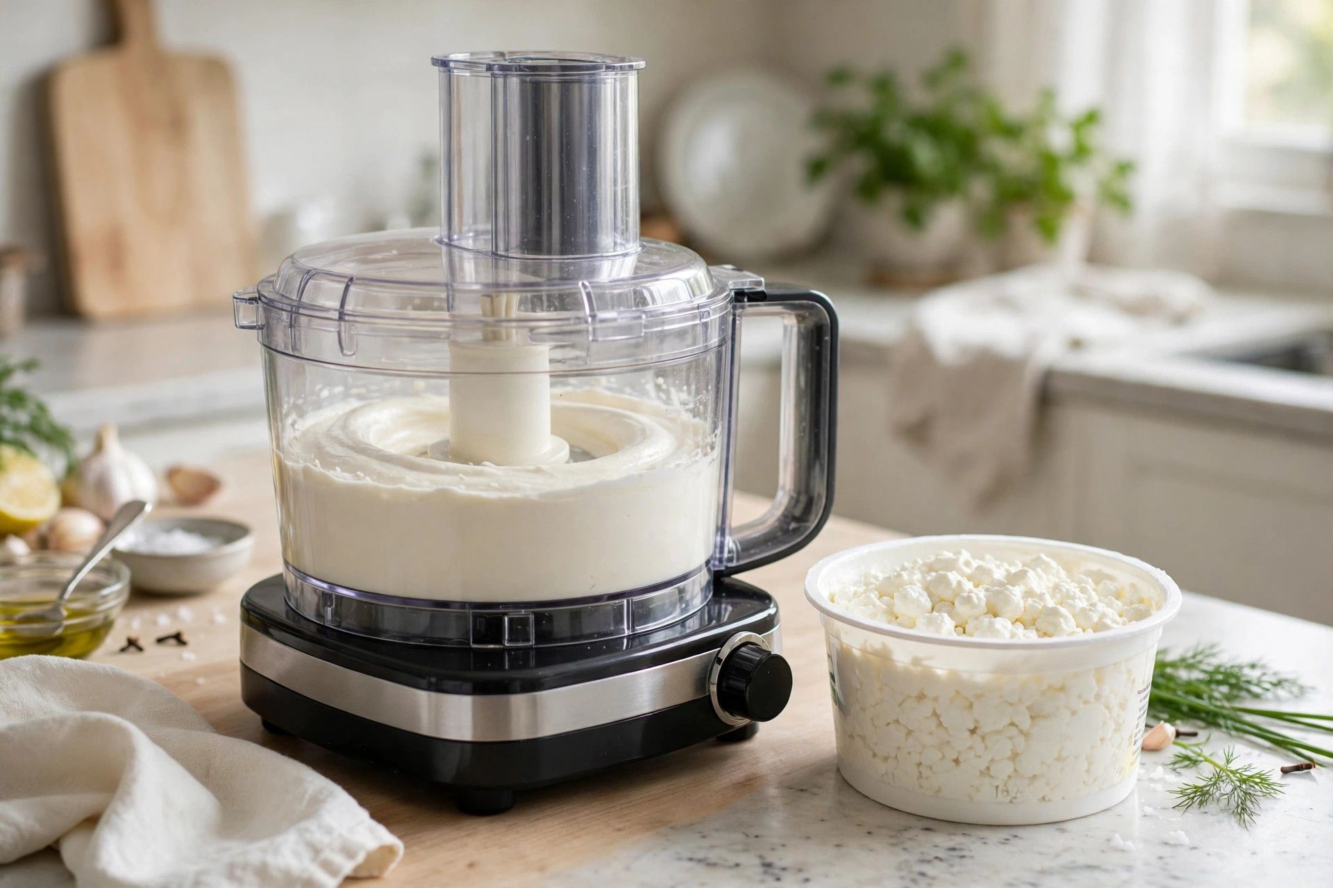 Blending cottage cheese in a food processor until completely smooth and creamy for the dip base