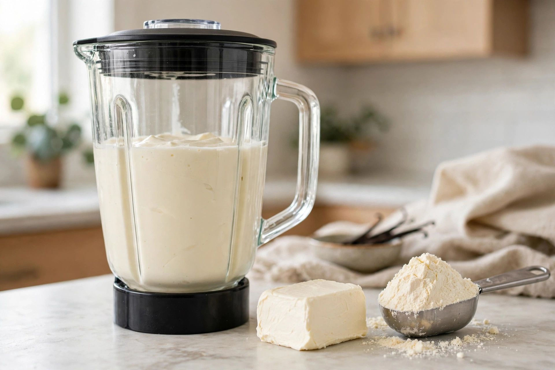 Blending the vanilla protein ice cream base with cream cheese in a blender until completely smooth