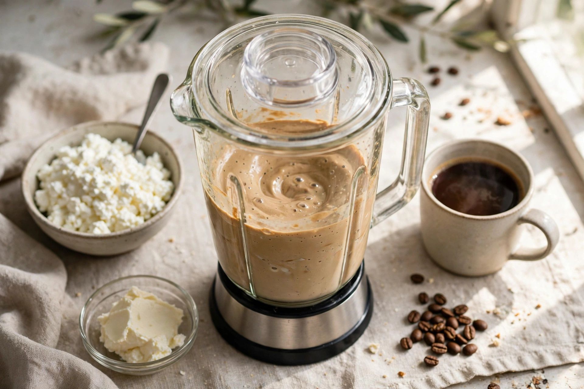 Blending the coffee tiramisu ice cream base in a blender, with cottage cheese and coffee beside it