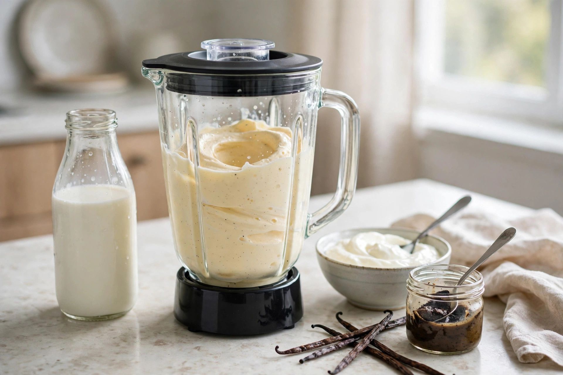 Blending the smooth vanilla bean protein ice cream base in a blender, with milk, yogurt and vanilla bean paste beside it