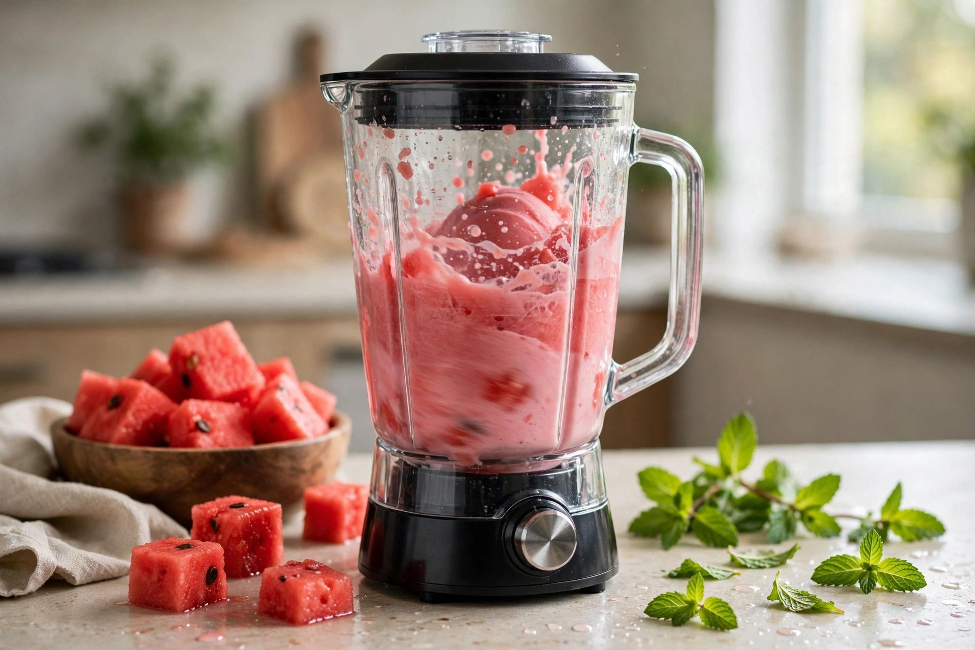 Blending the pink watermelon cooler sorbet base in a blender, with watermelon chunks and fresh mint beside it