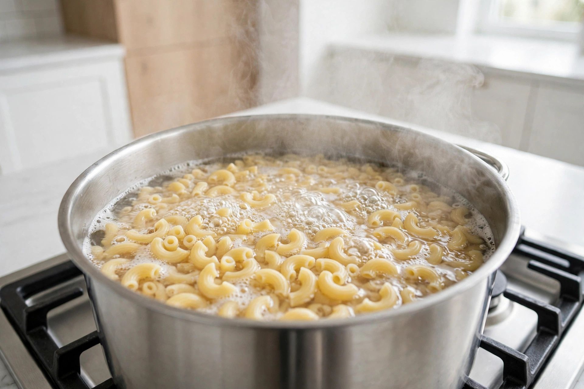 Elbow macaroni boiling in a large pot of bubbling salted water, with steam rising