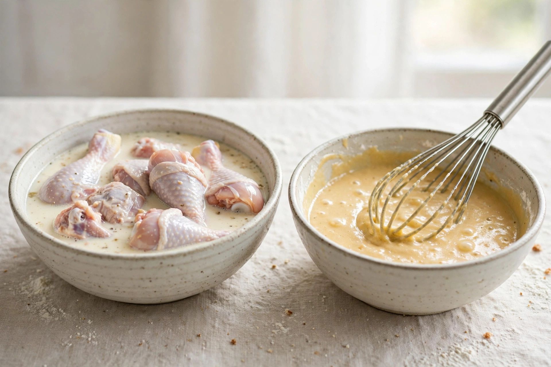 Chicken brining in buttermilk in a bowl beside a bowl of freshly mixed waffle batter
