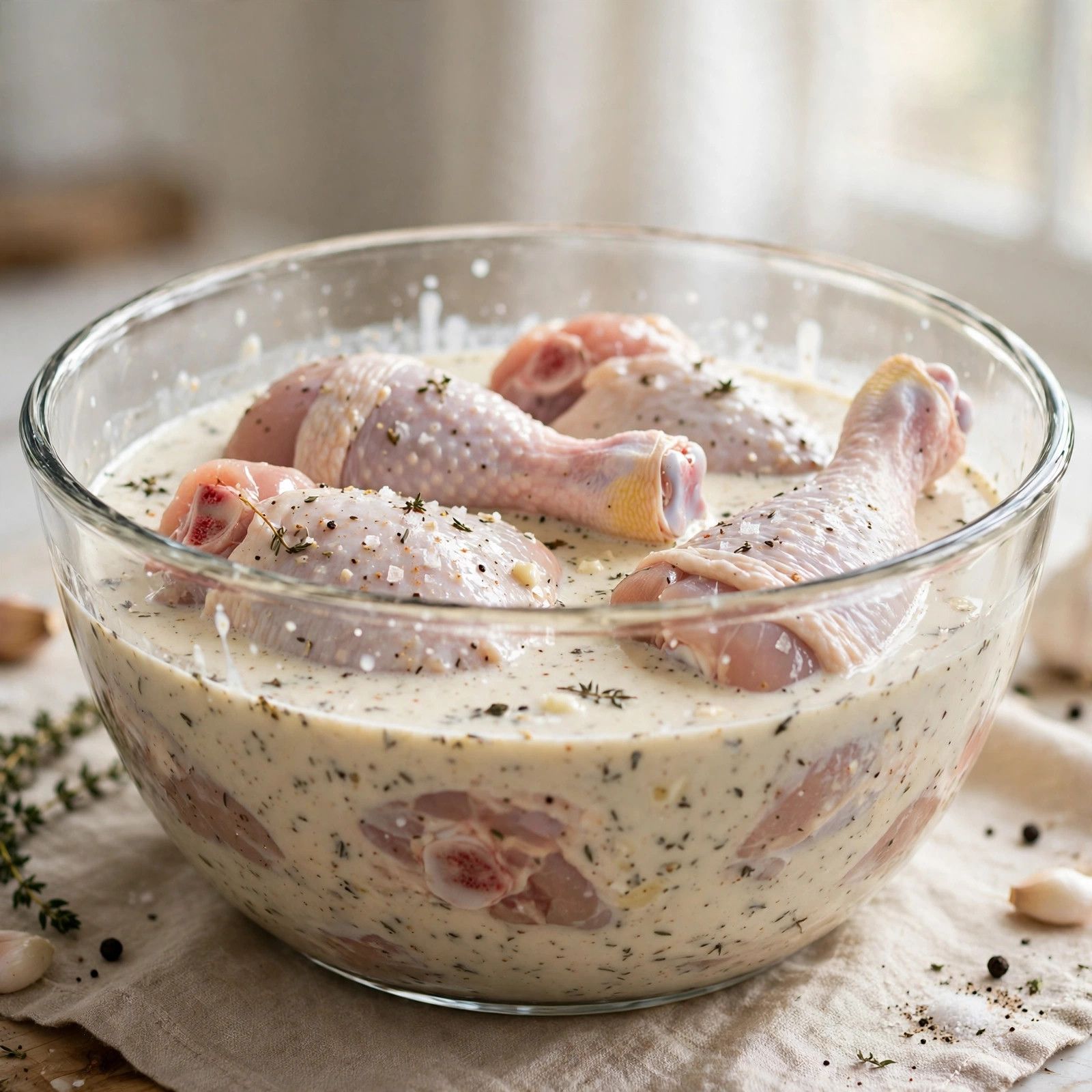 Chicken pieces soaking in a seasoned buttermilk marinade in a large glass bowl