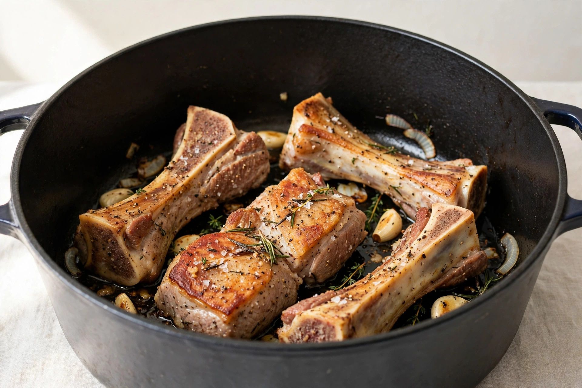 Seasoned pork neck bones browning deeply in a large heavy pot