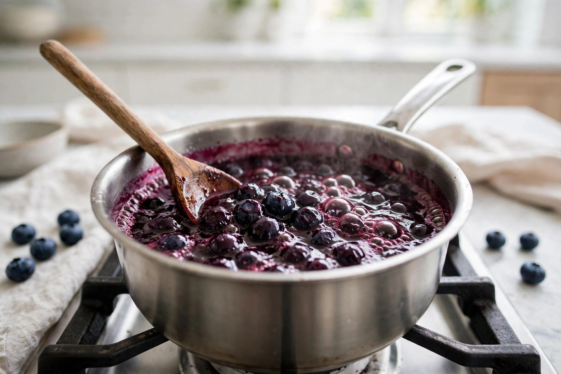 Blueberries simmering with sweetener and lemon juice in a small saucepan until thick and jammy