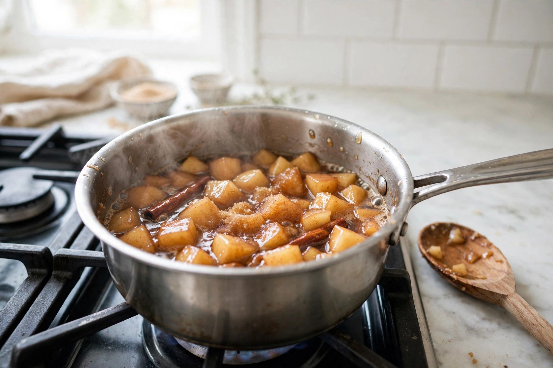 Diced apples simmering with cinnamon and sweetener in a small saucepan, glossy and tender