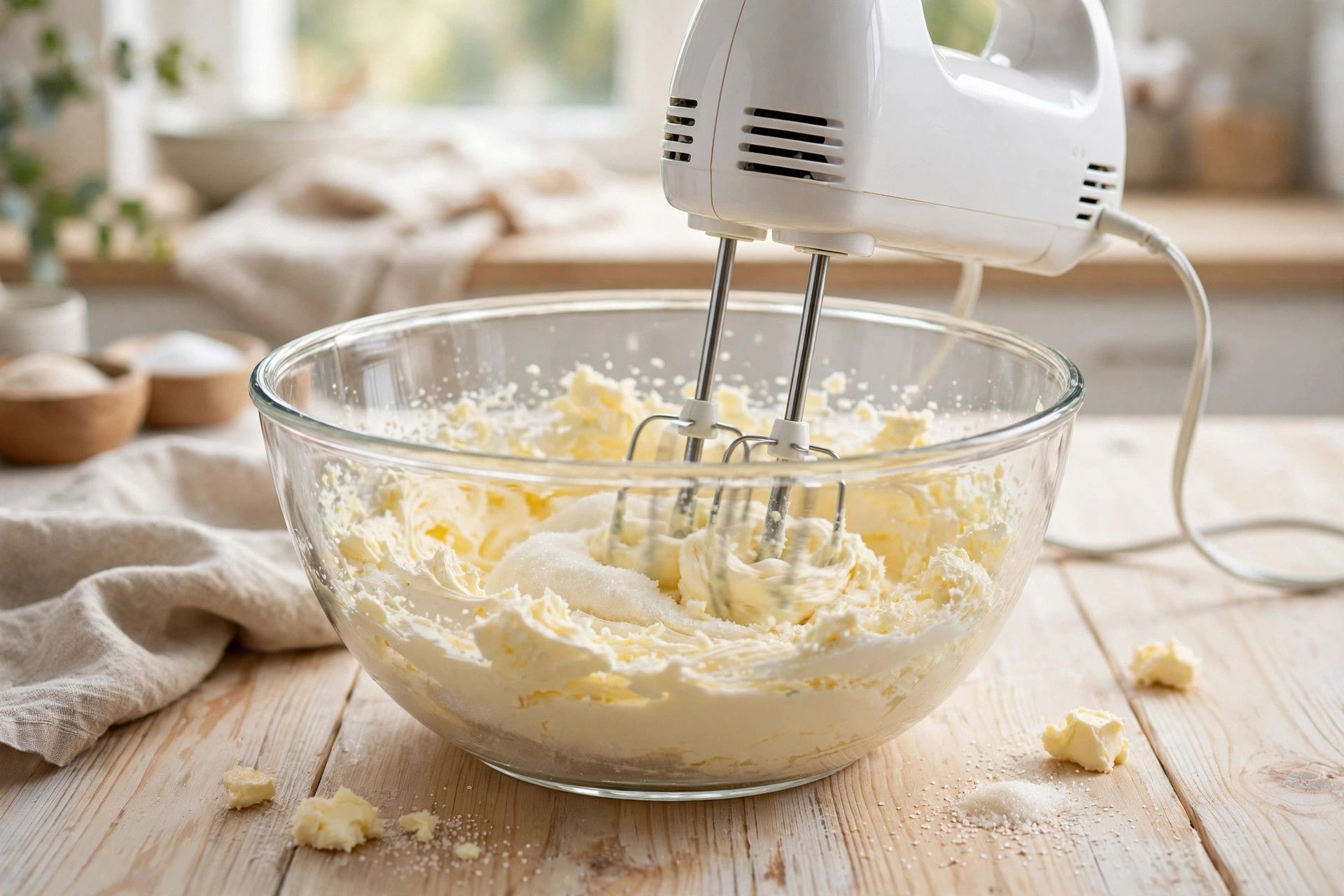 Beating butter and sugar until pale and fluffy in a large mixing bowl for snickerdoodle dough