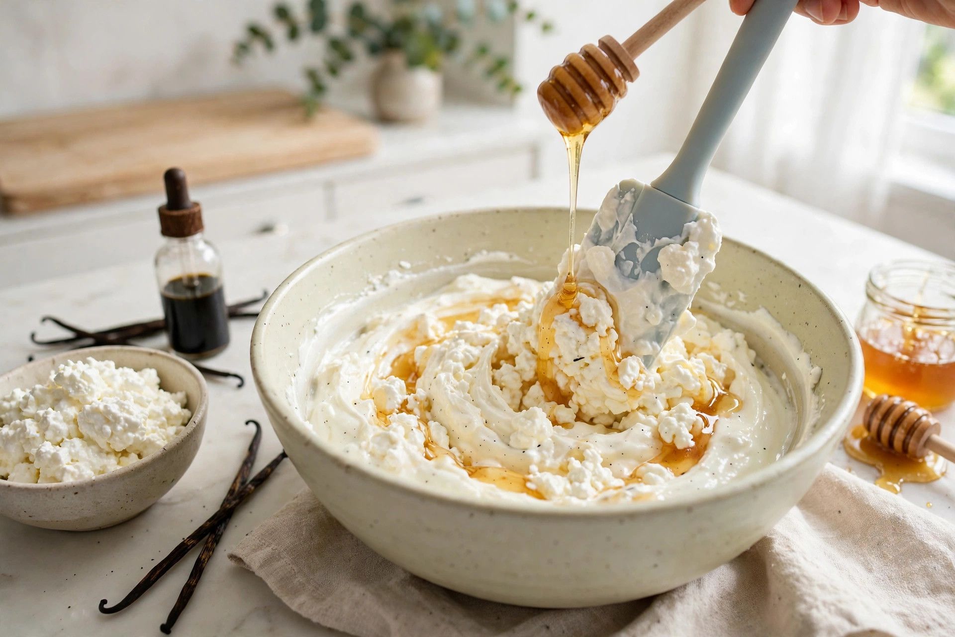 Whipping cottage cheese until smooth in a food processor, for a protein breakfast bowl