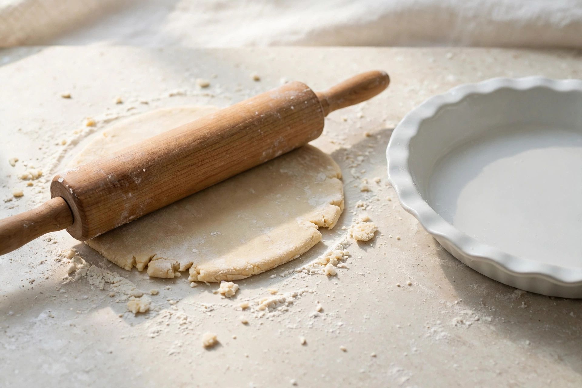 Rolling out pie dough with a rolling pin on a floured counter next to a 9 inch pie plate