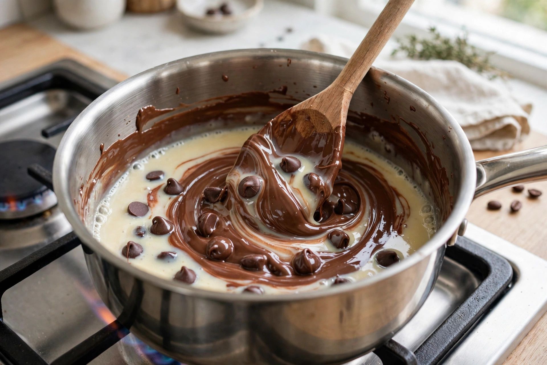 Melting chocolate chips with sweetened condensed milk and butter in a saucepan over low heat