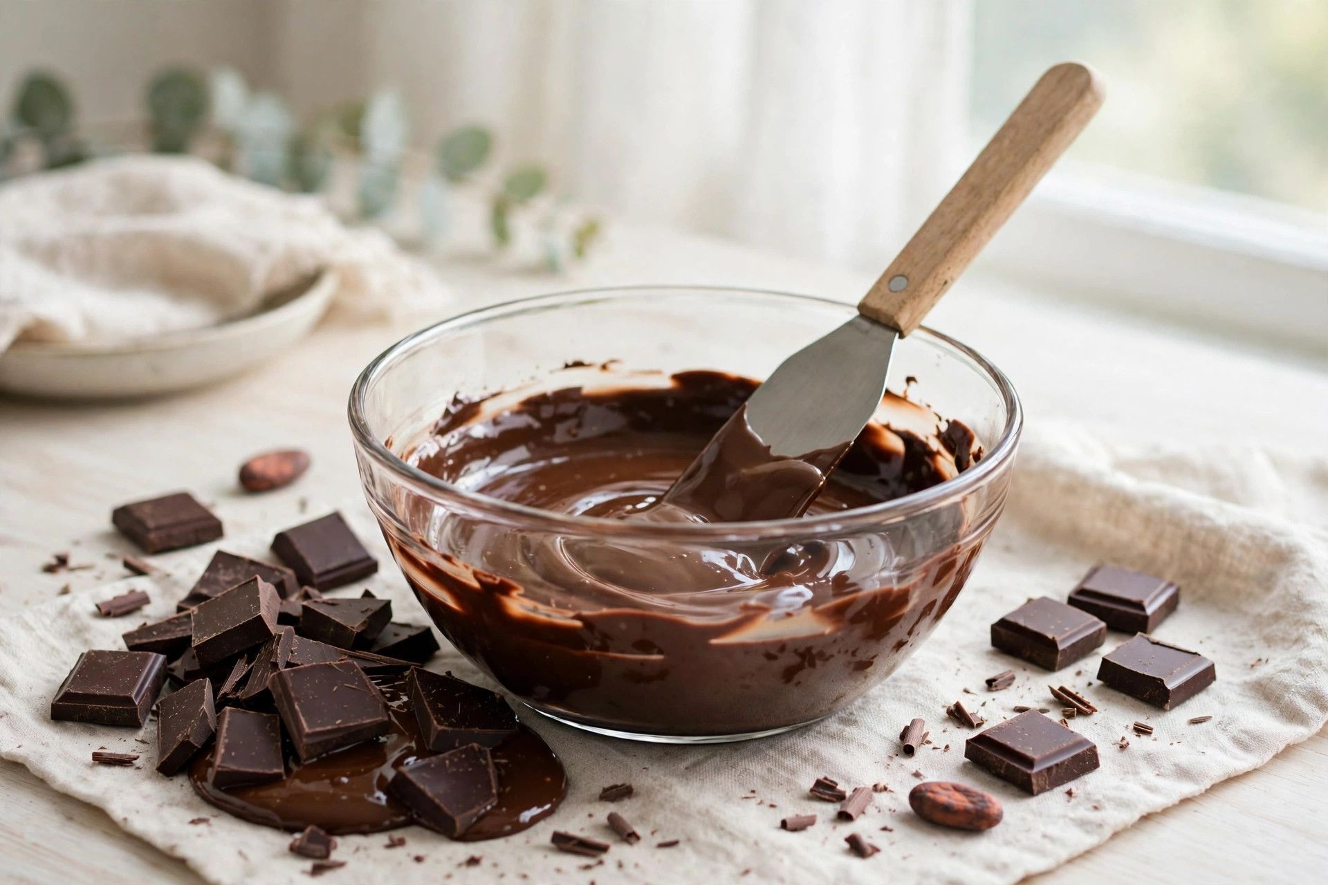 Melting chopped dark chocolate in a glass bowl, glossy and smooth with a spatula resting in the bowl