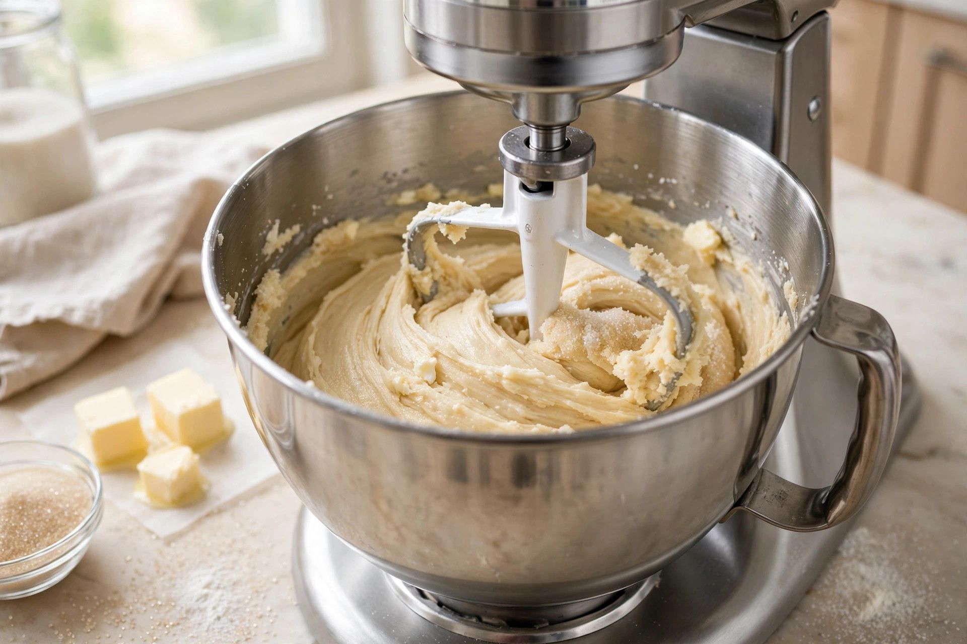 Creamy sugar cookie dough being mixed in a stand mixer bowl, pale and smooth