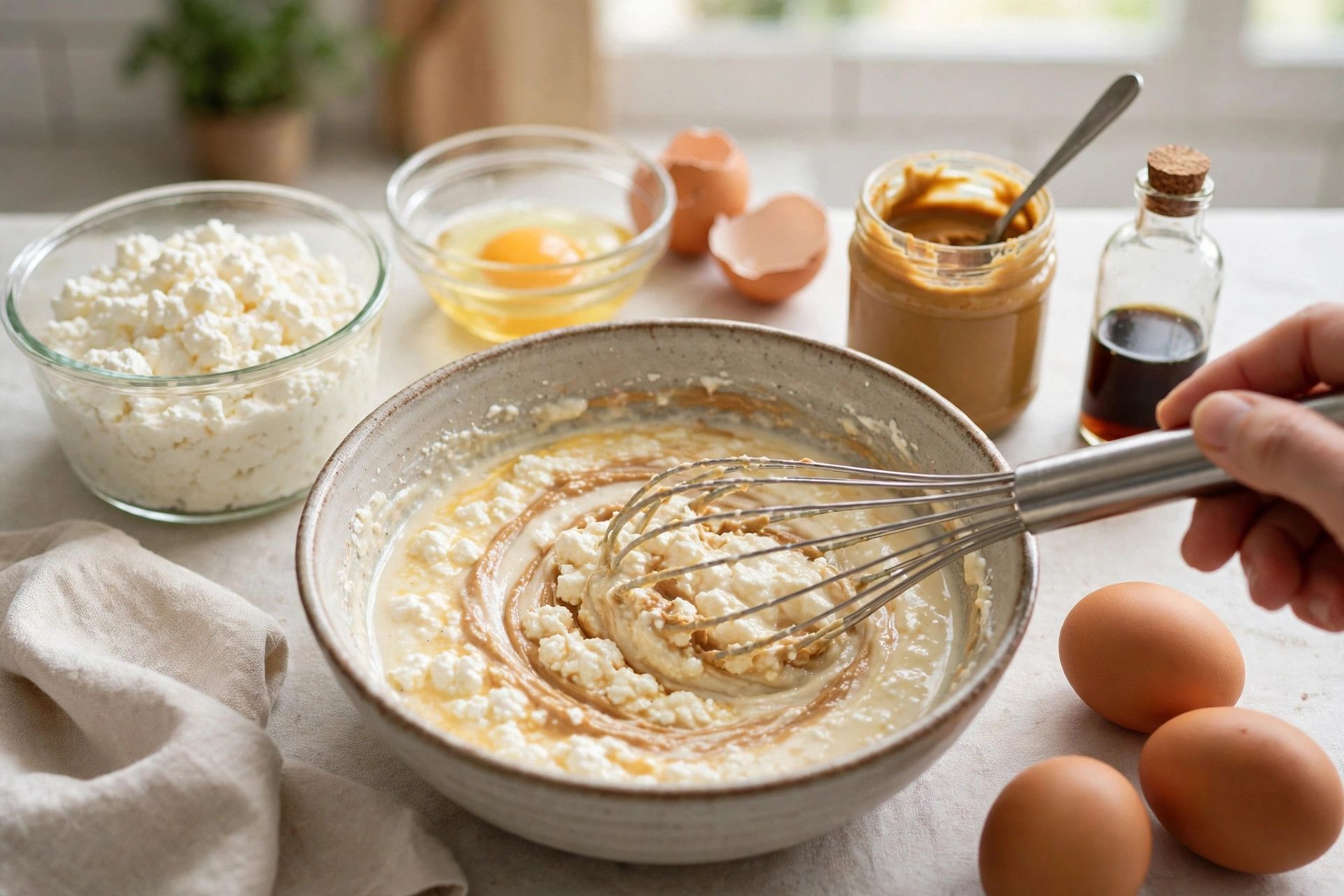 Blending cottage cheese until smooth in a blender, for protein cookie batter
