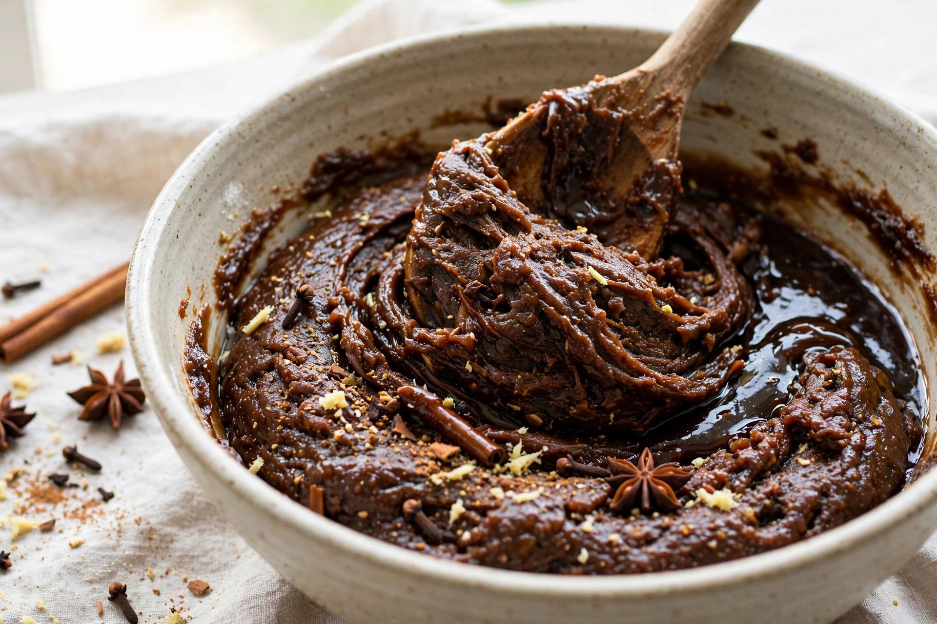 Dark brown gingerbread cookie dough being mixed in a large bowl with molasses and spices