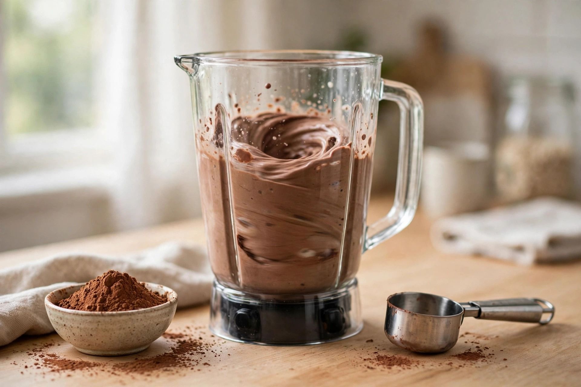 Mixing the chocolate protein ice cream base in a blender until the protein powder and cocoa dissolve completely
