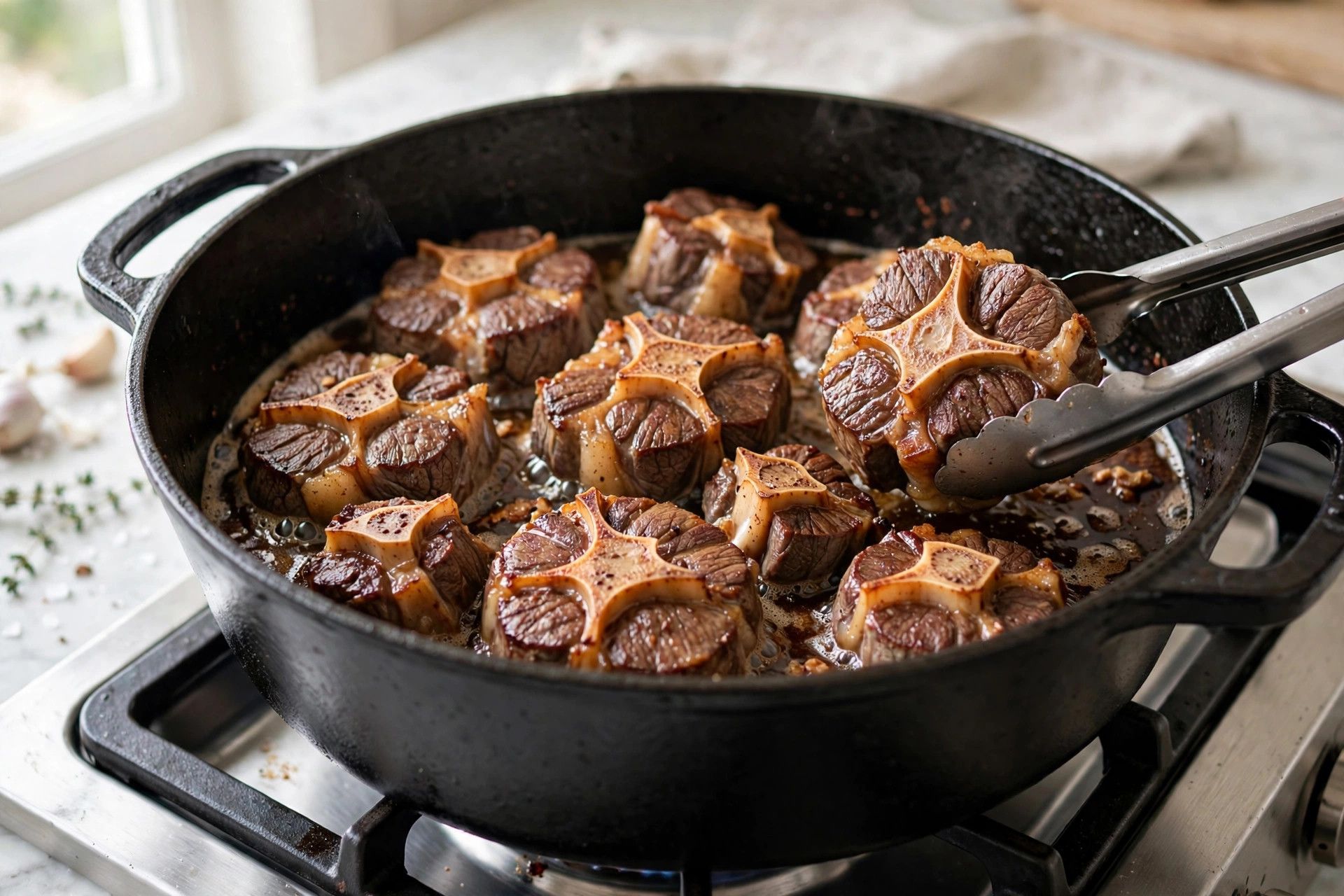 Beef oxtails searing to a deep golden brown in a Dutch oven, being turned with tongs