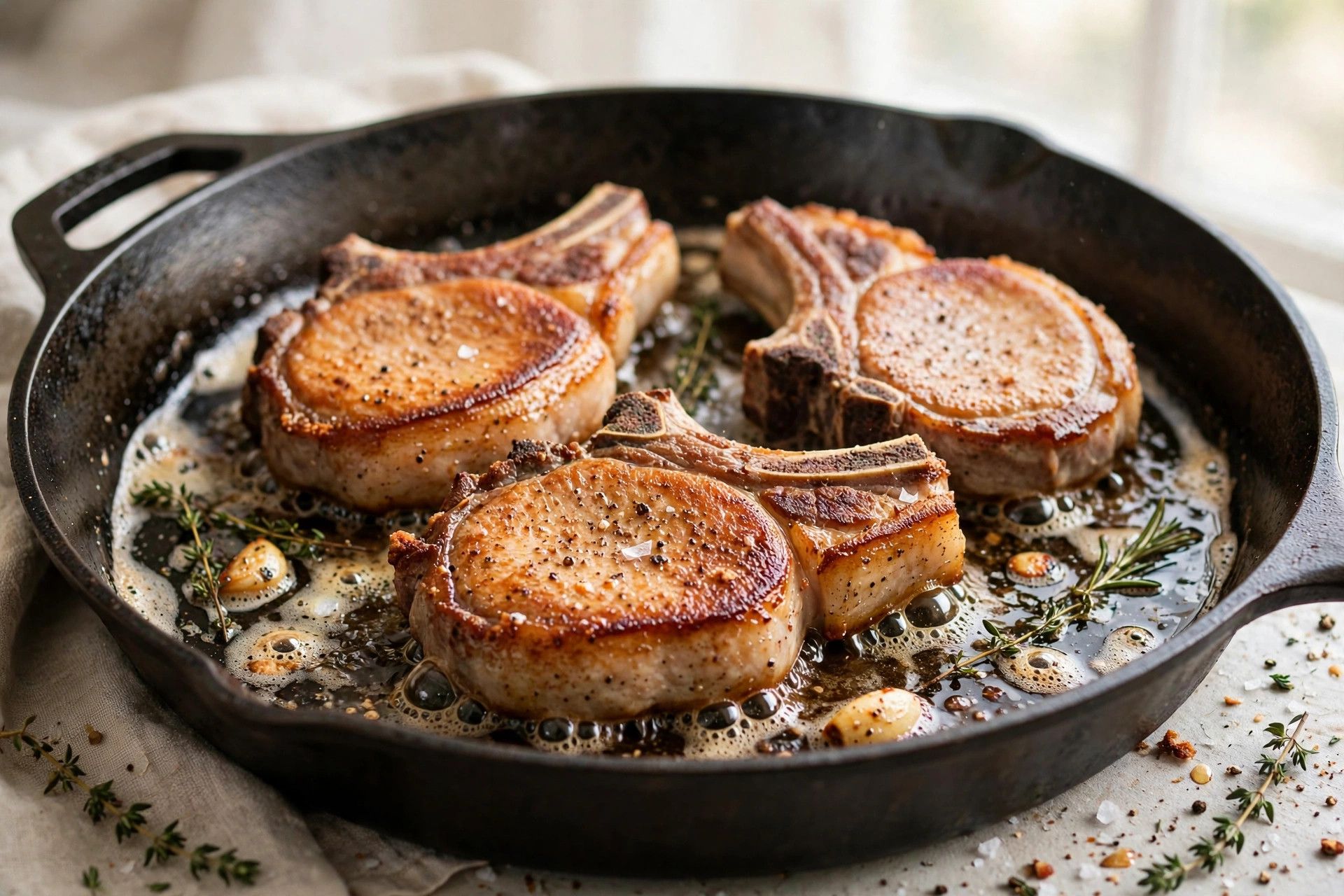 Pork chops searing to a deep golden brown in a large skillet