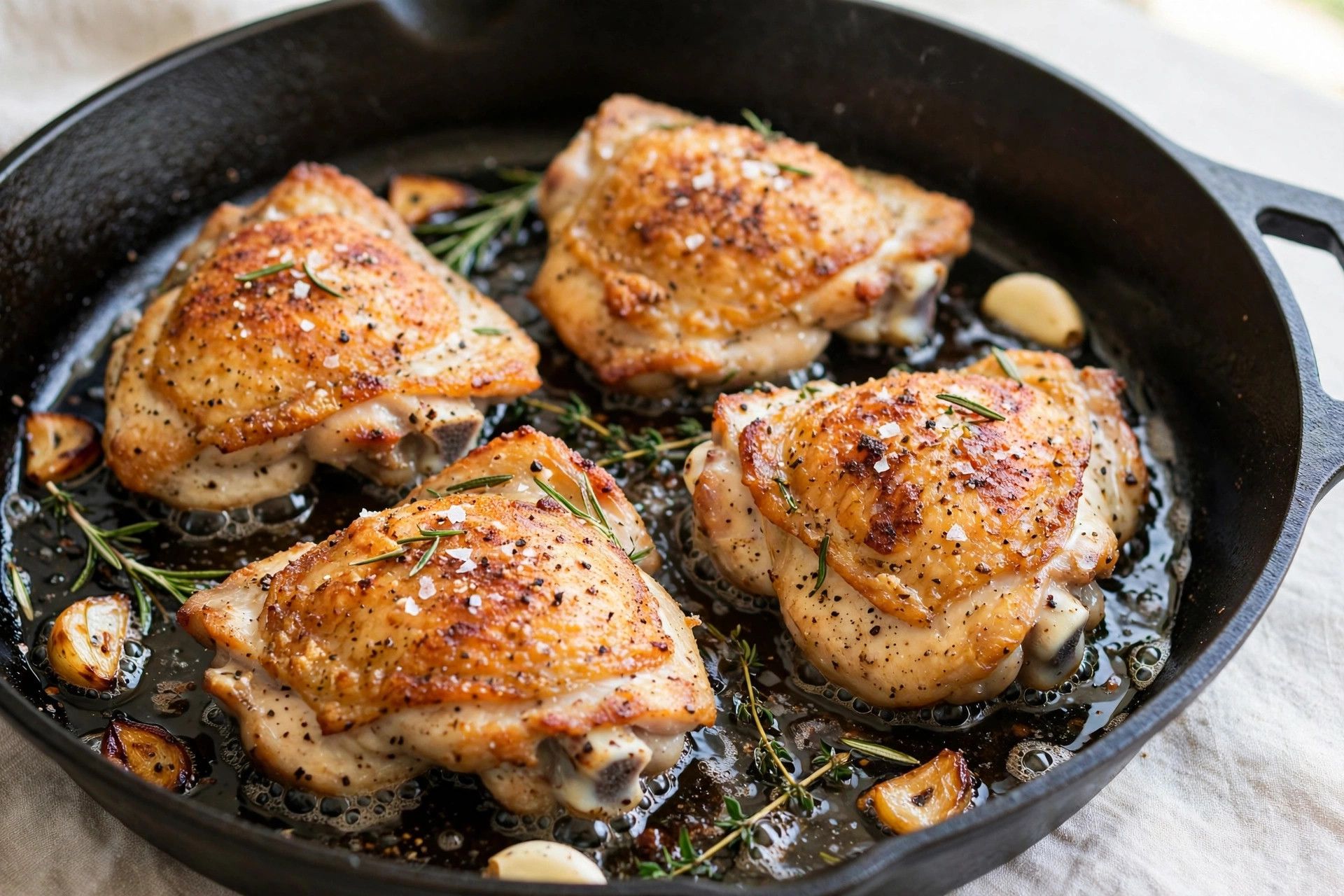 Seasoned chicken thighs searing to a deep golden brown in a large skillet