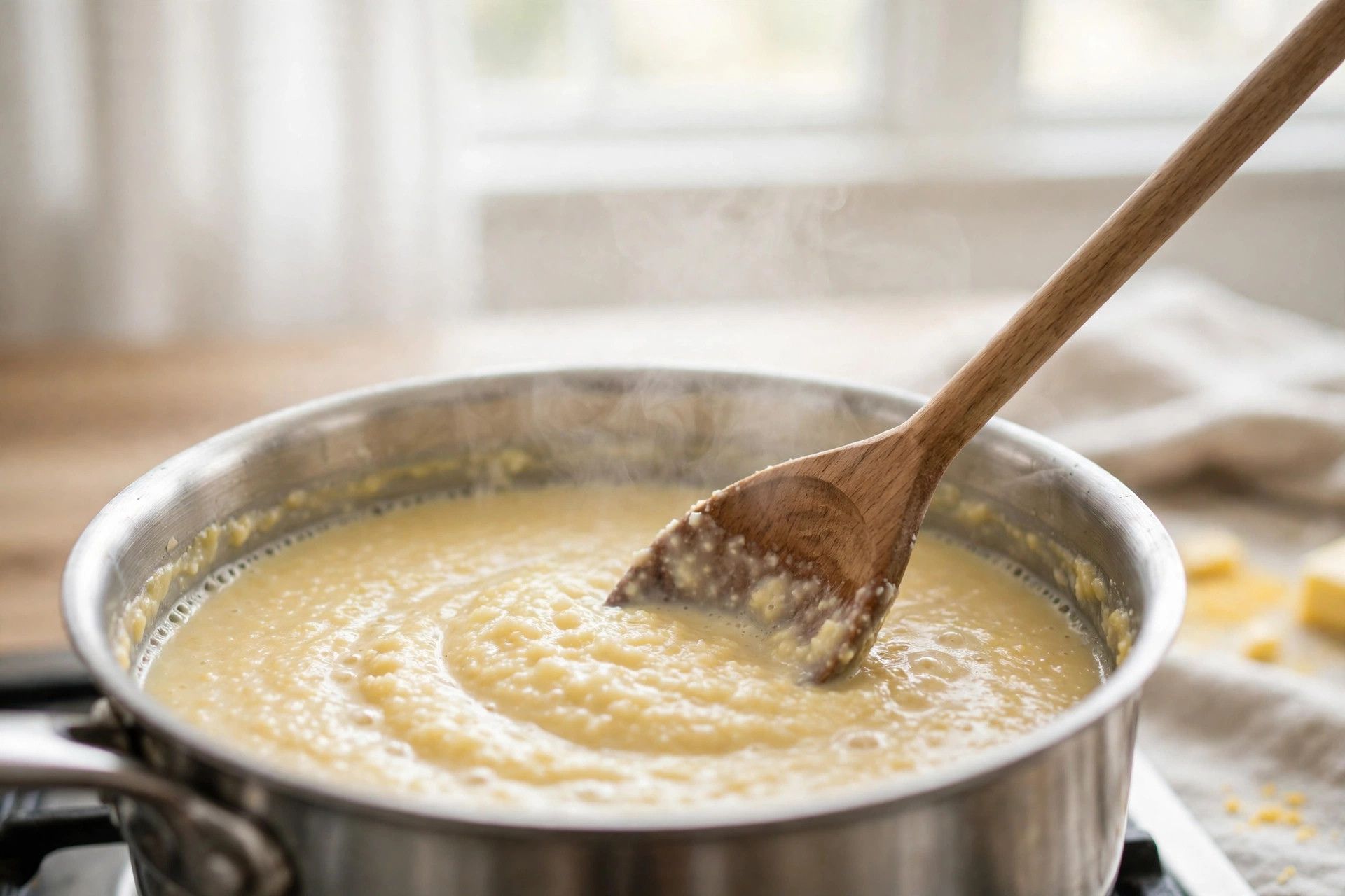Creamy grits simmering in a saucepan being stirred with a wooden spoon
