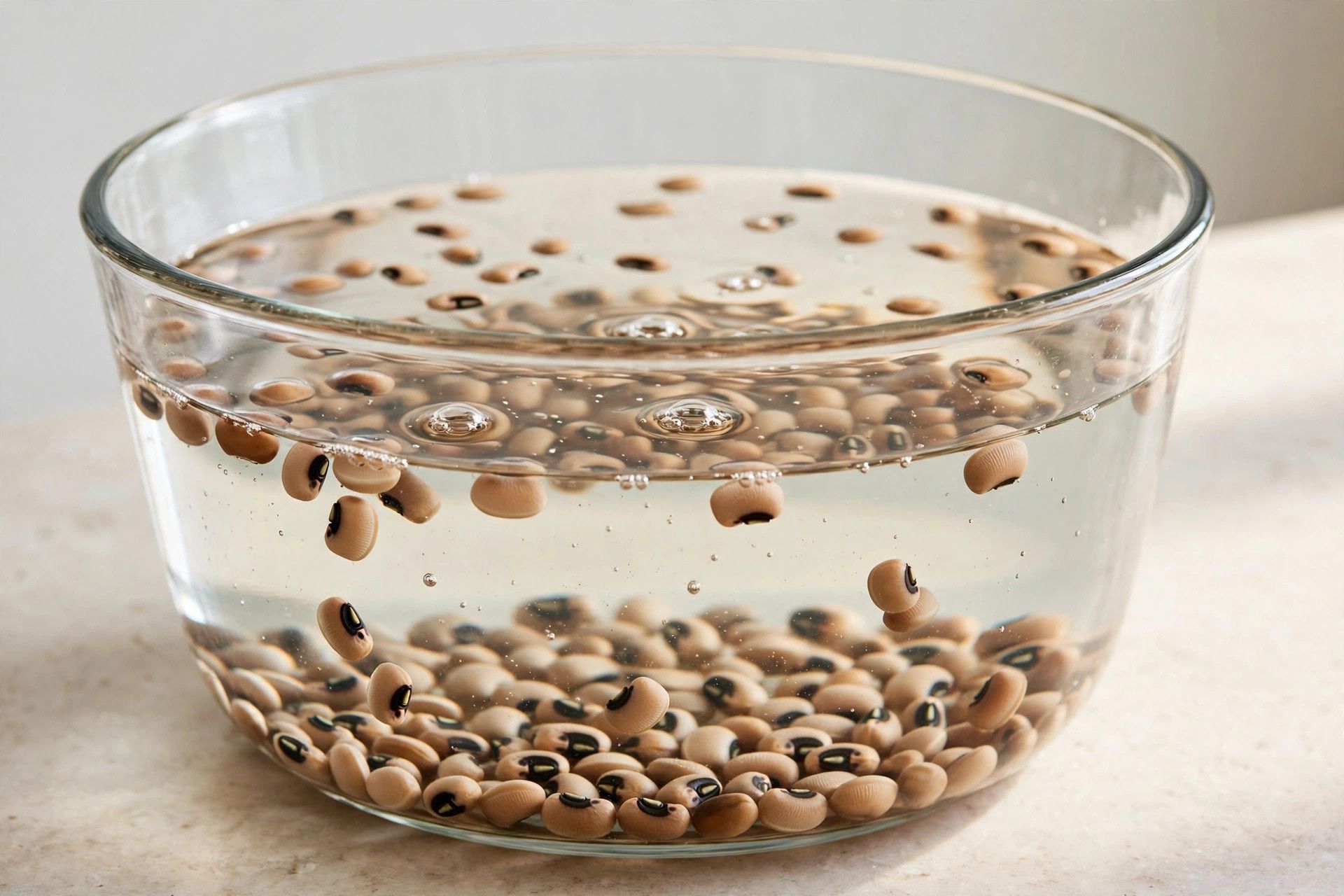 Dried black eyed peas soaking in water in a large glass bowl on a light counter