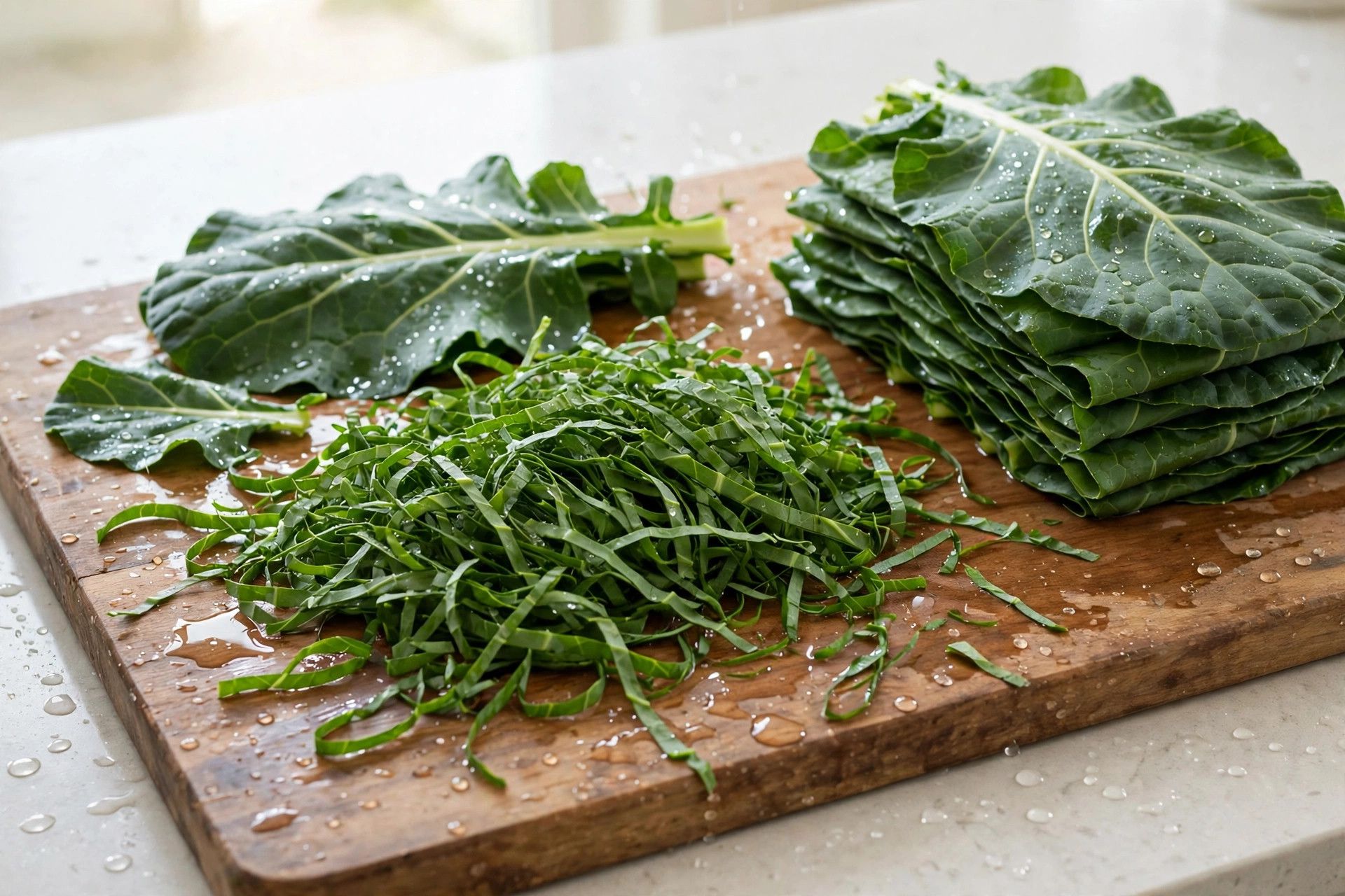 Fresh collard green leaves being washed and chopped into ribbons on a large cutting board