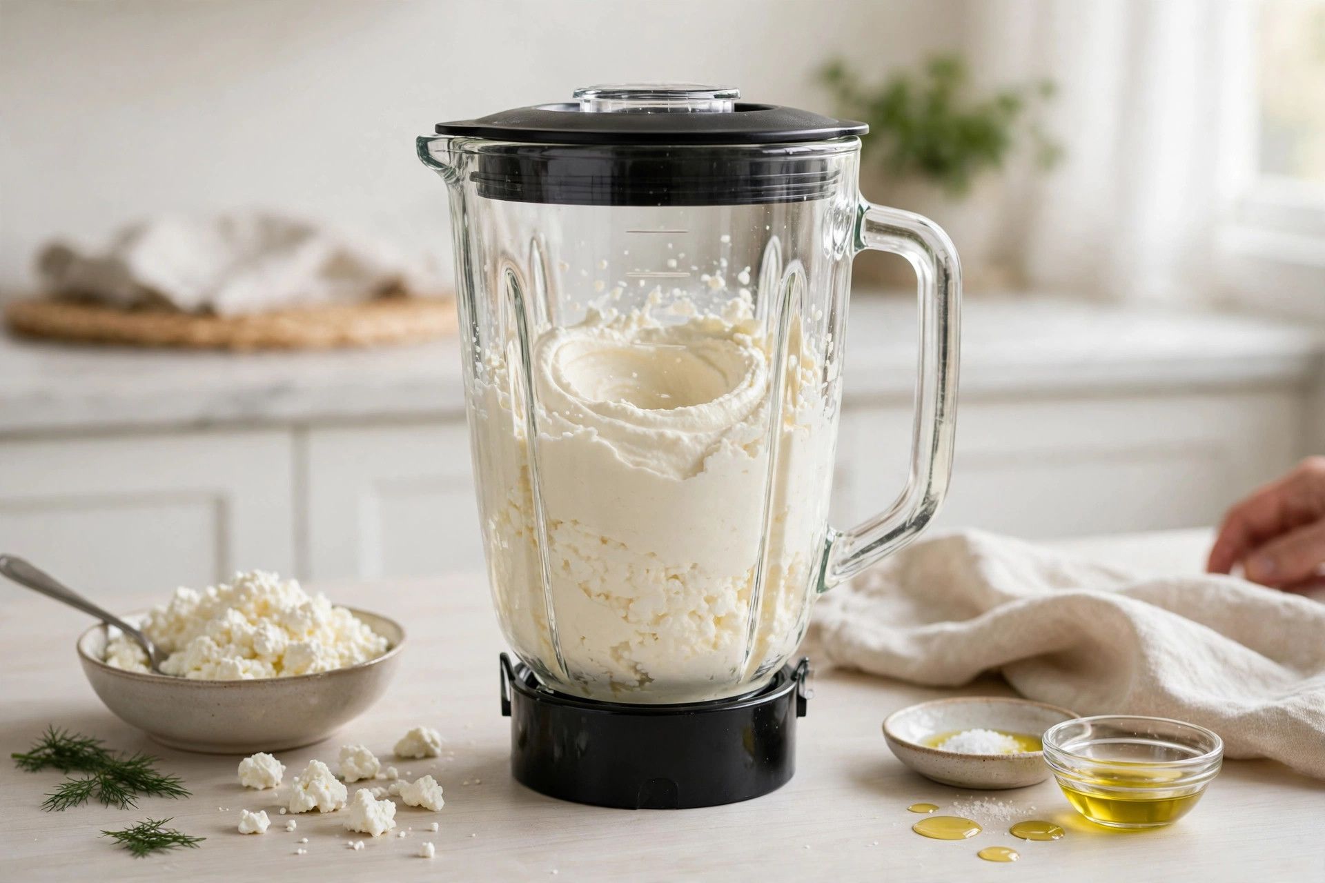 Whipping cottage cheese until smooth and fluffy in a food processor, for toast topping