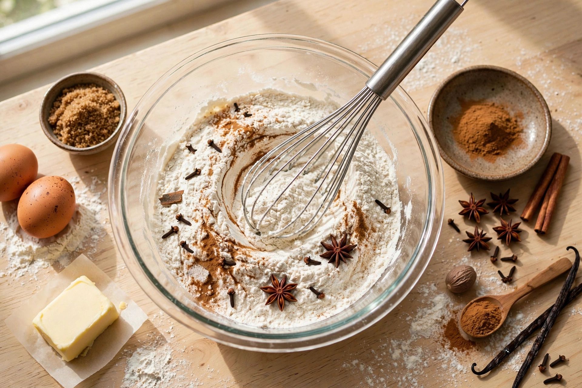 Whisking flour, sugar and holiday spices in a large mixing bowl, with softened butter and orange zest beside it