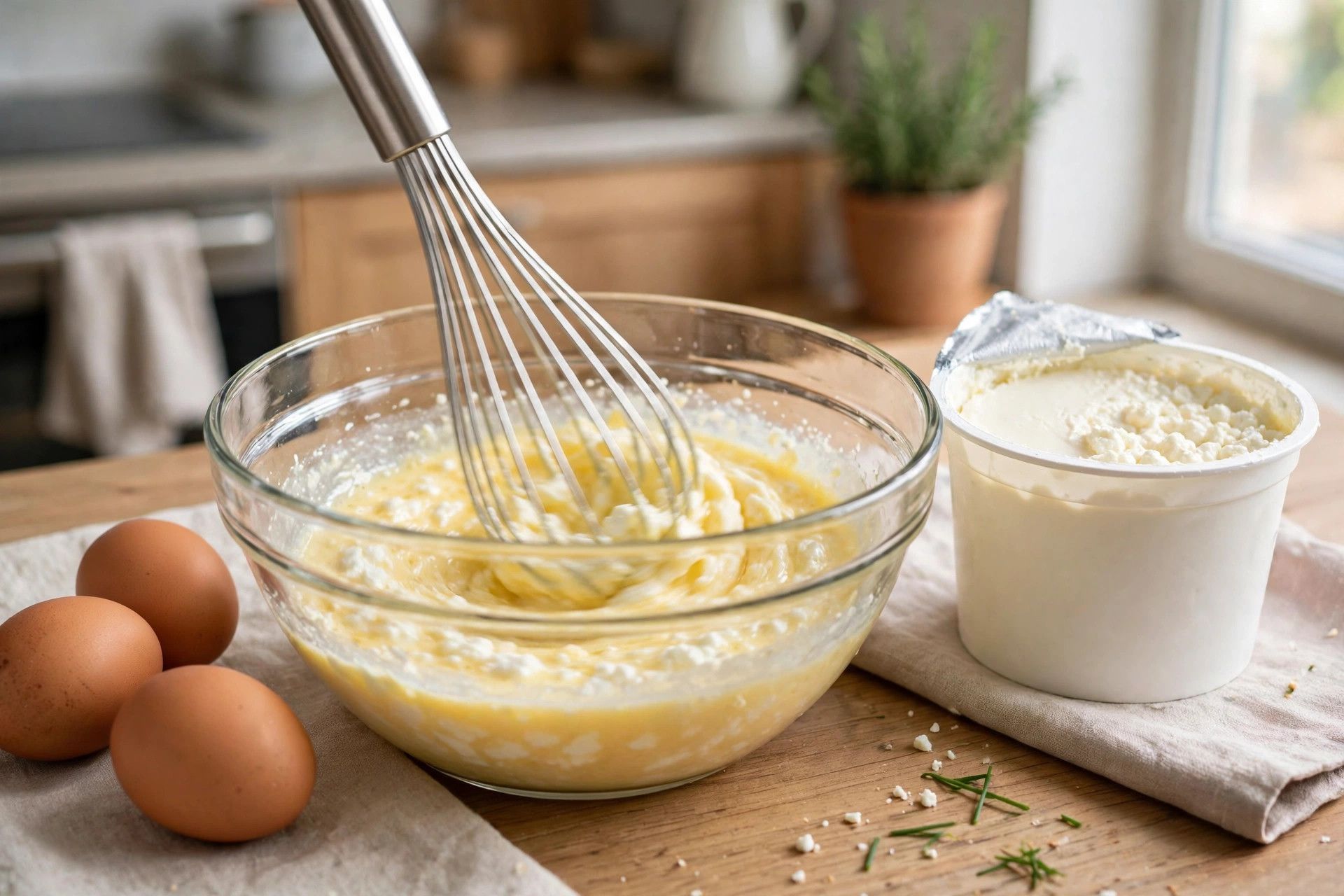 Whisking the blended cottage cheese into beaten eggs in a large mixing bowl until smooth and even