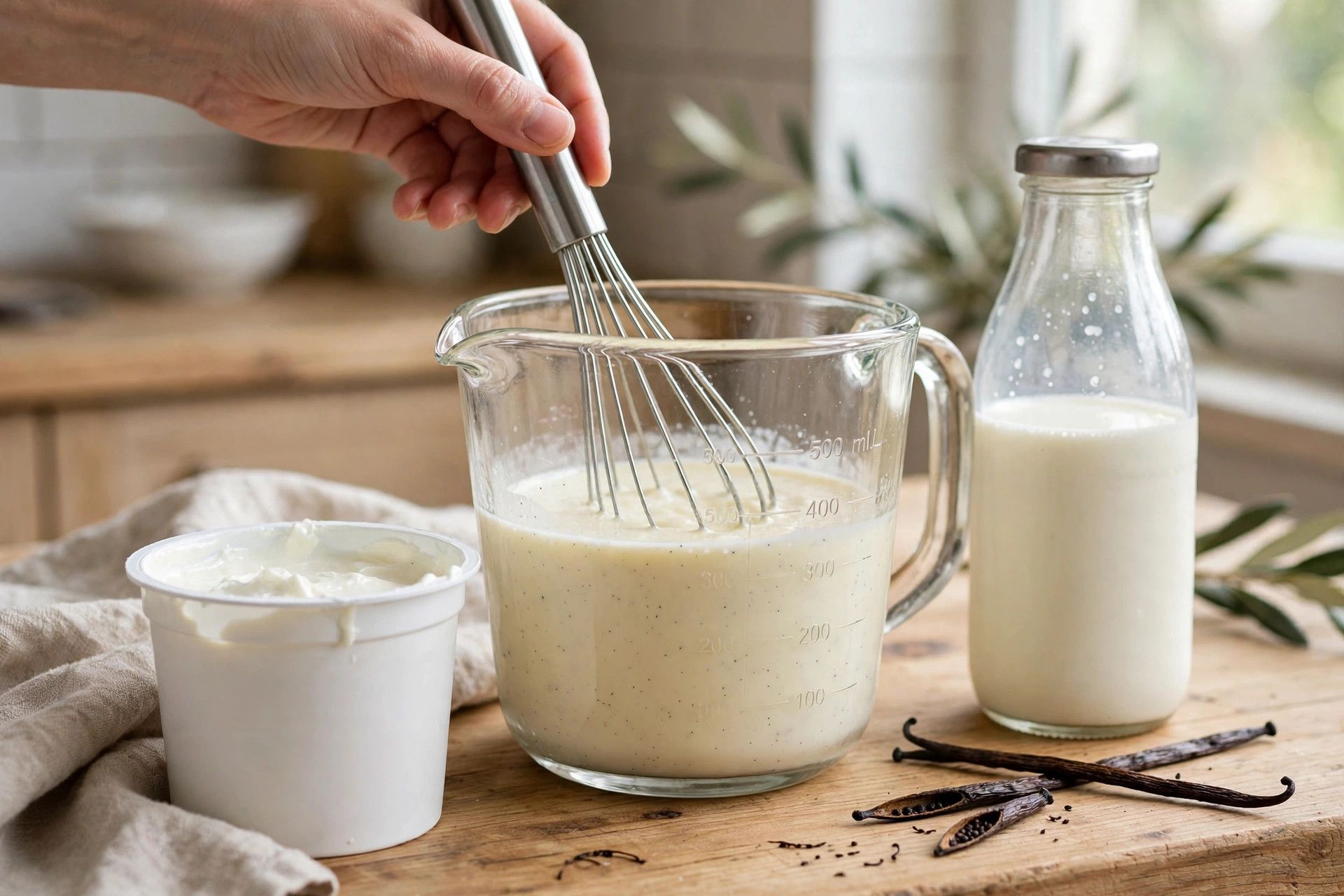 Whisking the vanilla bean ice cream base of milk and Greek yogurt in a glass jug, with vanilla bean specks through the mixture
